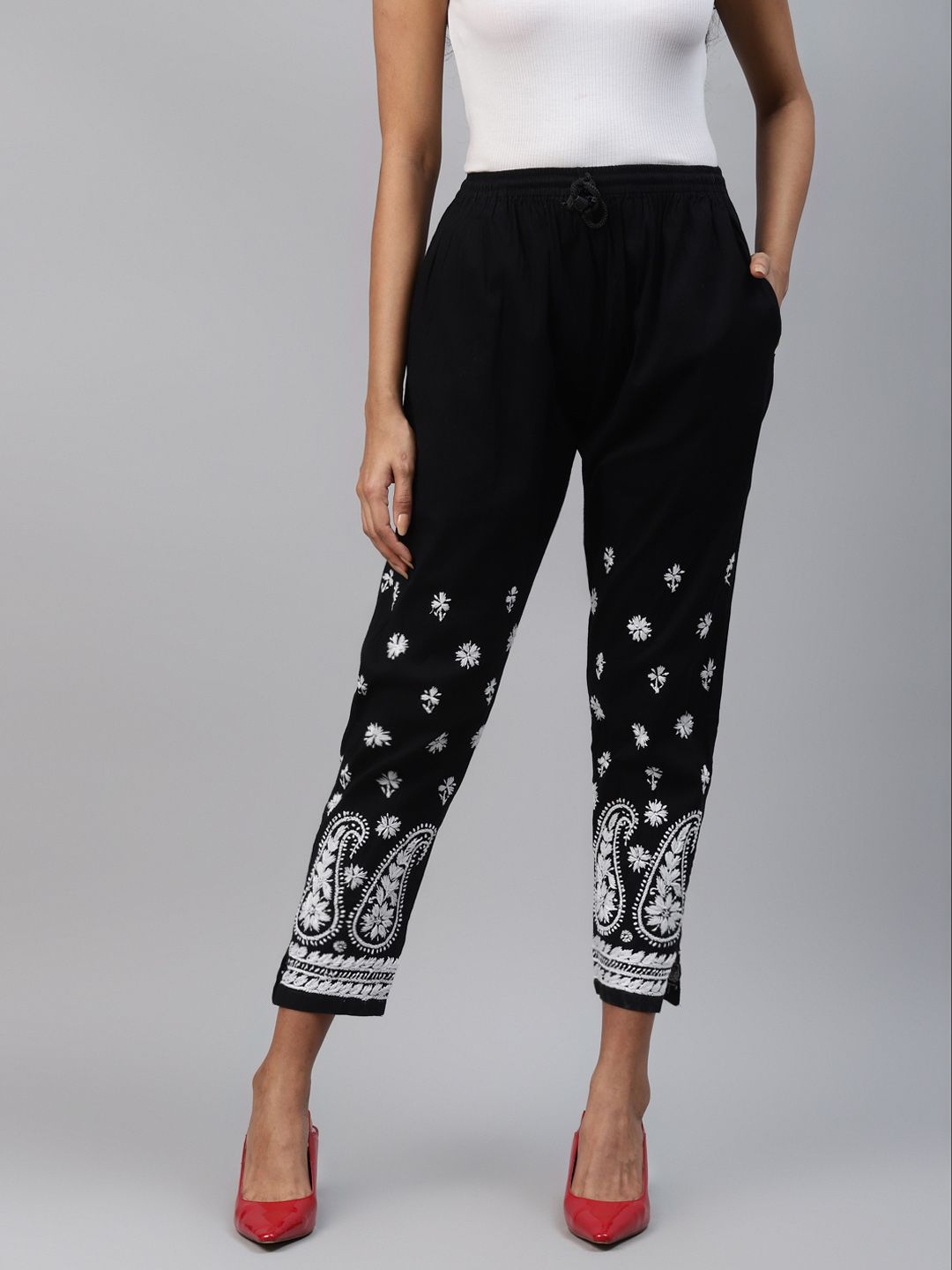 ADA Women Black & White Ethnic Motifs Hand Embroidered Cropped Ethnic Palazzos Price in India