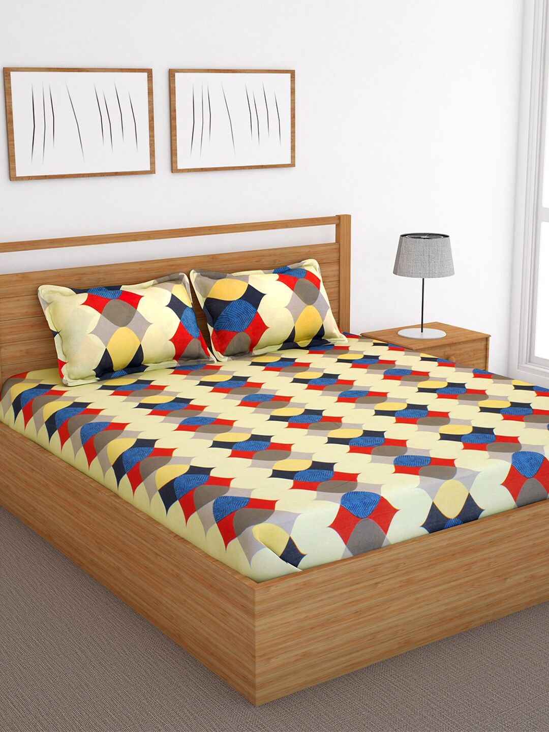 Bedspun Beige & Blue Geometric 120 TC Cotton 1 King Bedsheet with 2 Pillow Covers Price in India