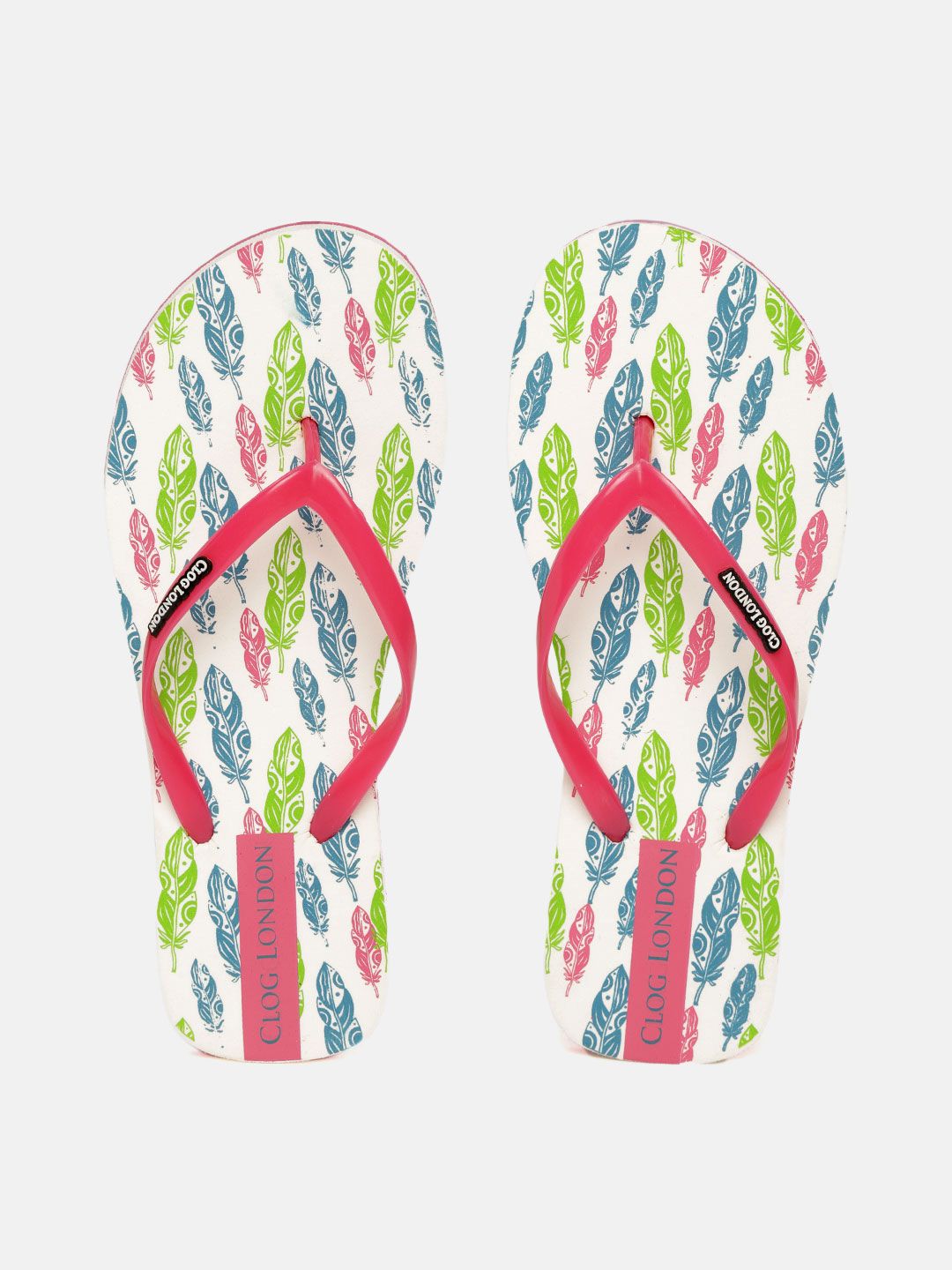 CLOG LONDON Women Pink & Green Feather Printed Thong Flip-Flops Price in India