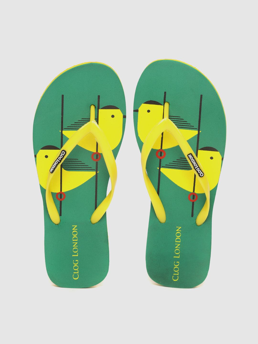 CLOG LONDON Women Yellow & Green Birds Print Thong Flip-Flops Price in India