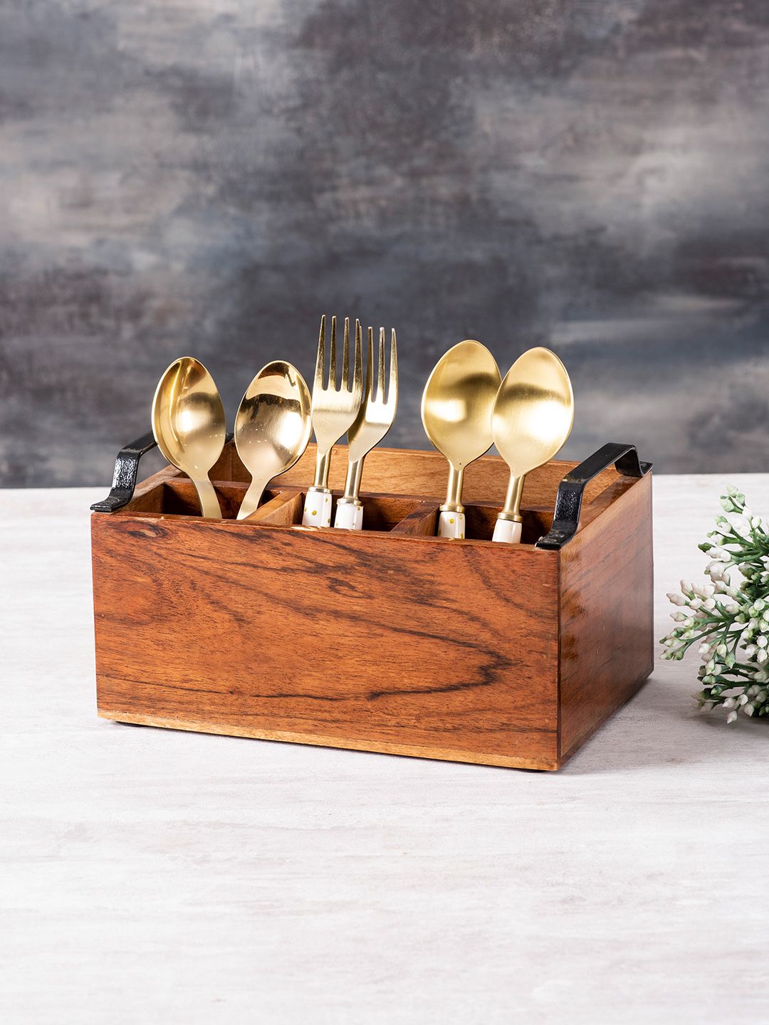 nestroots Brown & Black Wooden Cutlery Holder Price in India