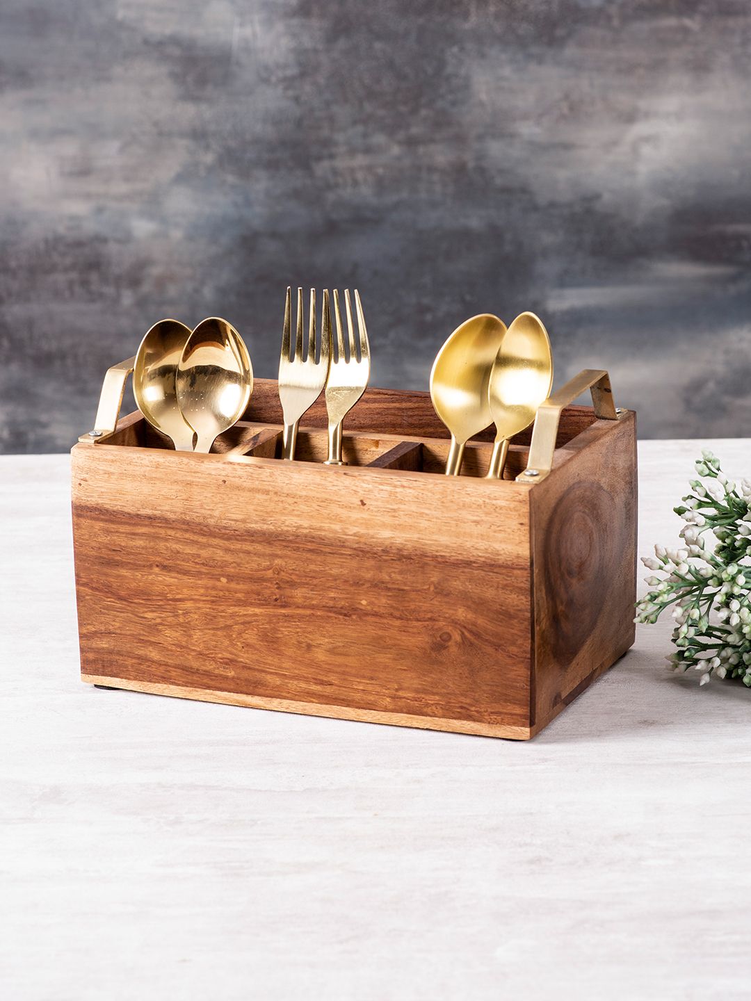 nestroots Brown & Gold-Toned Wood Spoon Holder Price in India