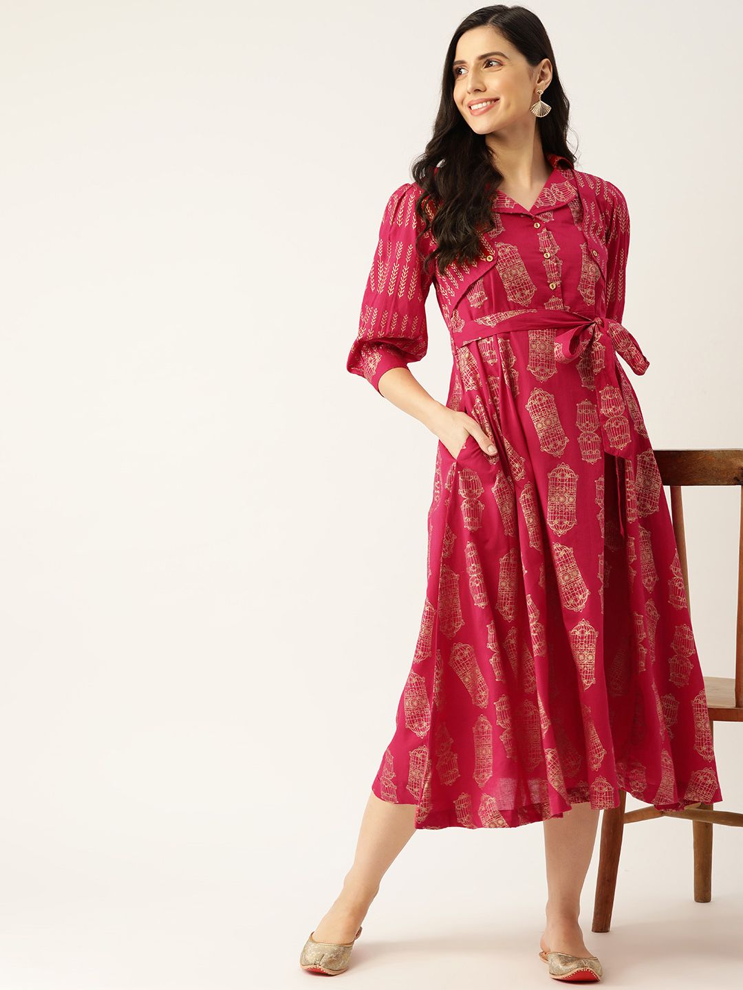 Sangria Pink & Golden Foil Ethnic Print A-Line Midi Dress Price in India