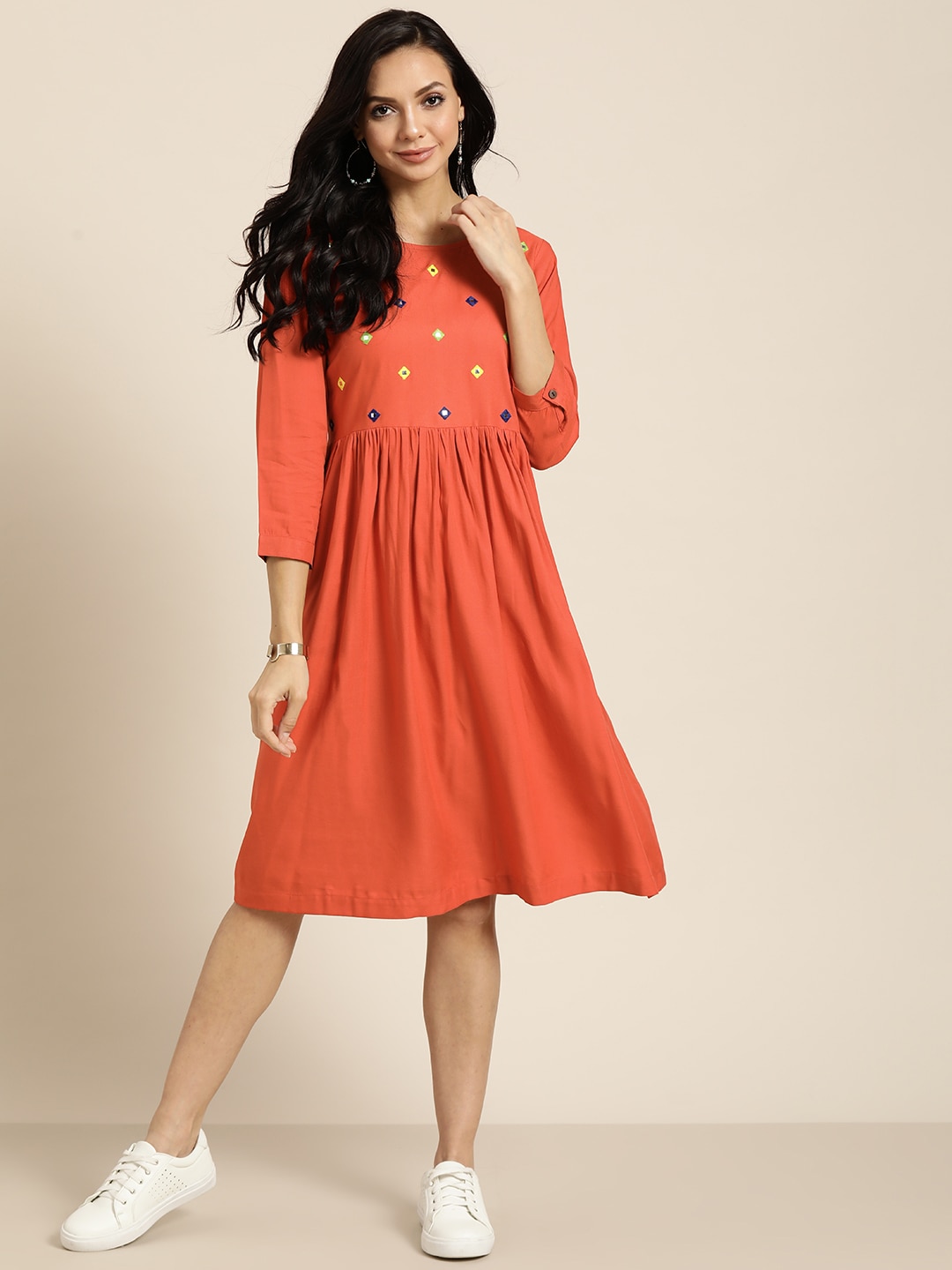 Sangria Coral Orange Mirror-Work Embroidered A-Line Dress Price in India