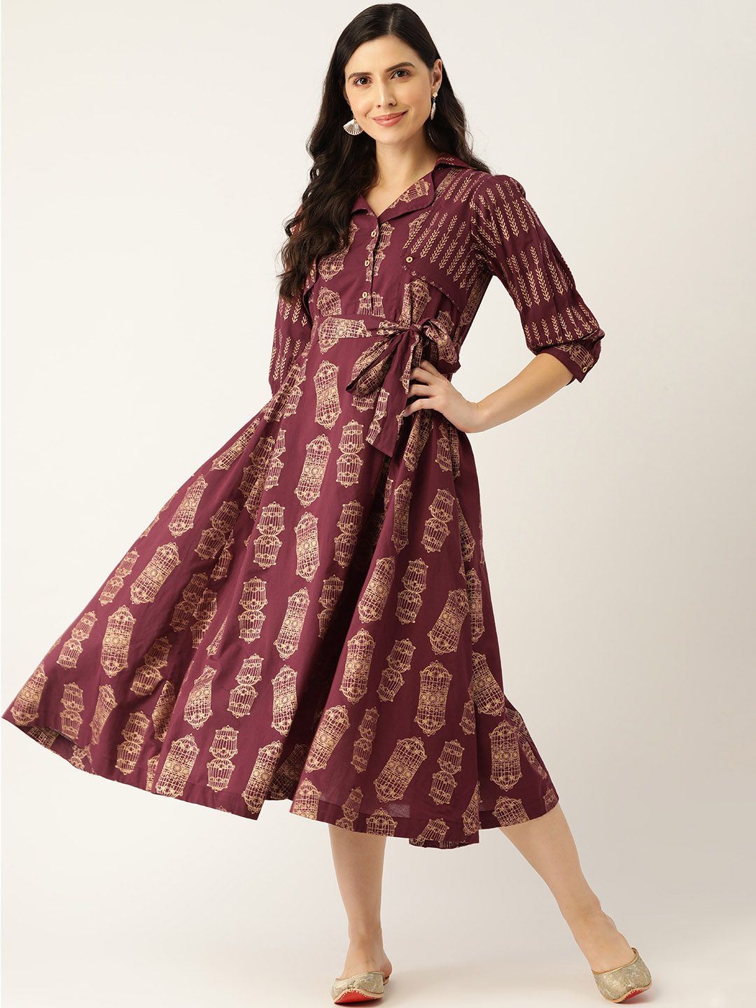 Sangria Burgundy & Golden Foil Ethnic Print A-Line Midi Dress Price in India