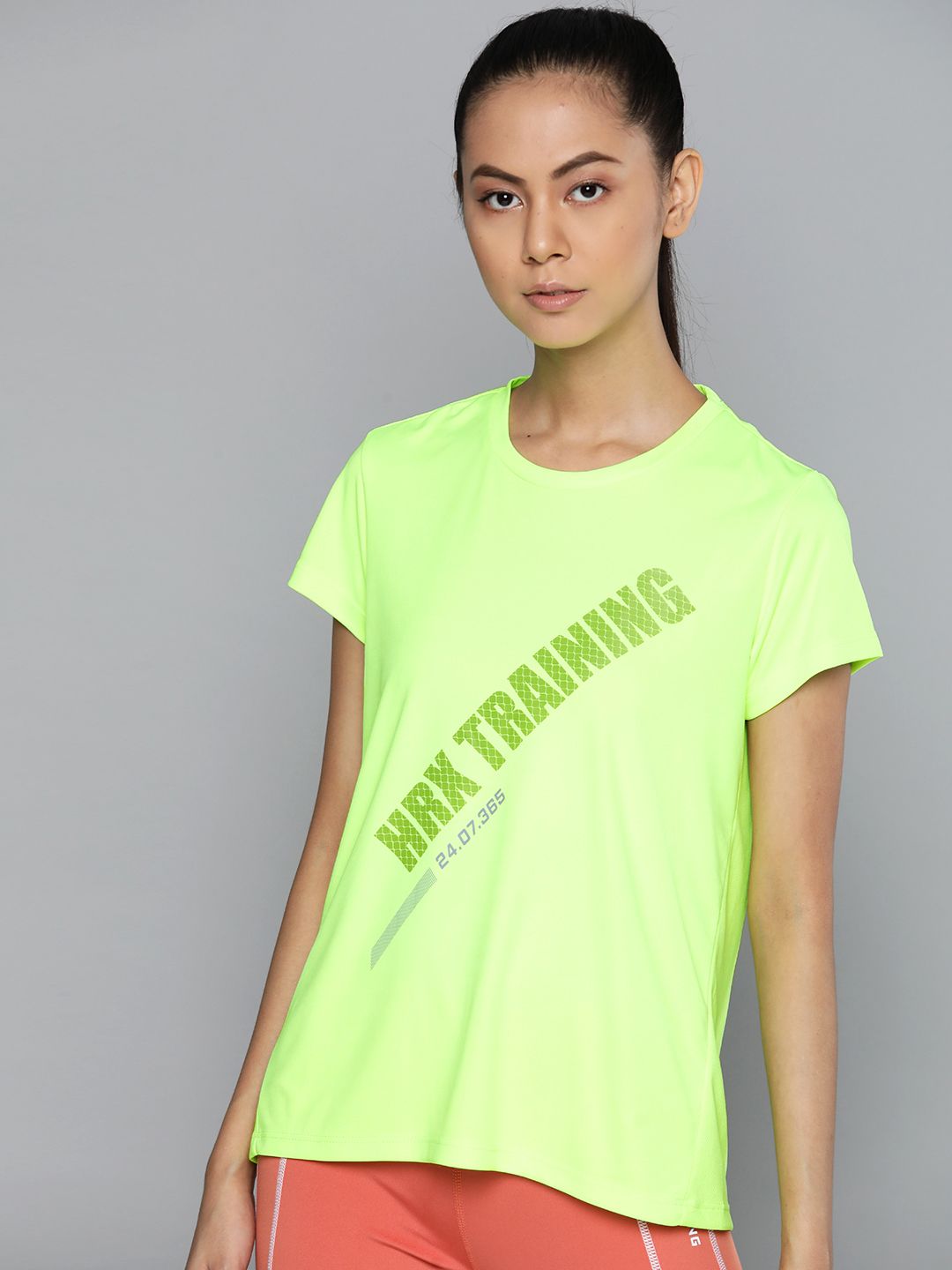 HRX By Hrithik Roshan Women Neon Green Rapid-Dry Antimicrobial Tshirt with N9 PURE SILVER Price in India