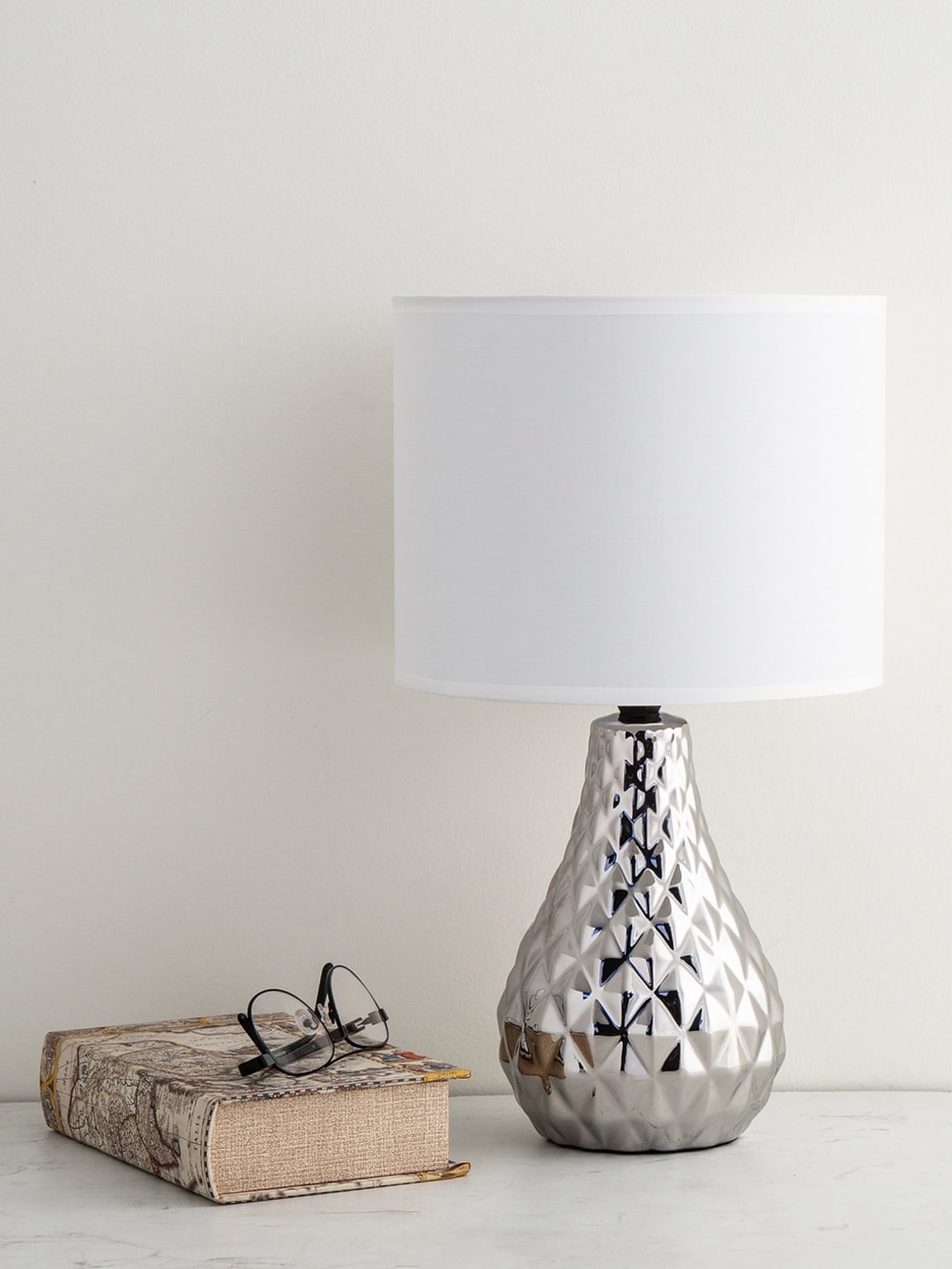 Home Centre Silver-Toned & White Ceramic Contemporary Table Lamp with Shade Price in India