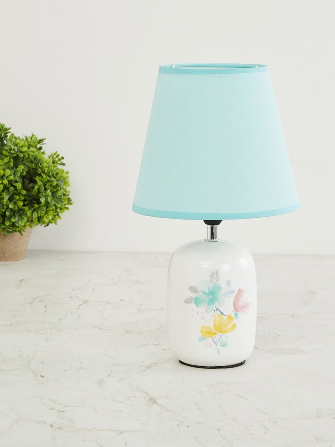 Home Centre Blue & White Printed Bedside Standard Table Lamp with Shade Price in India