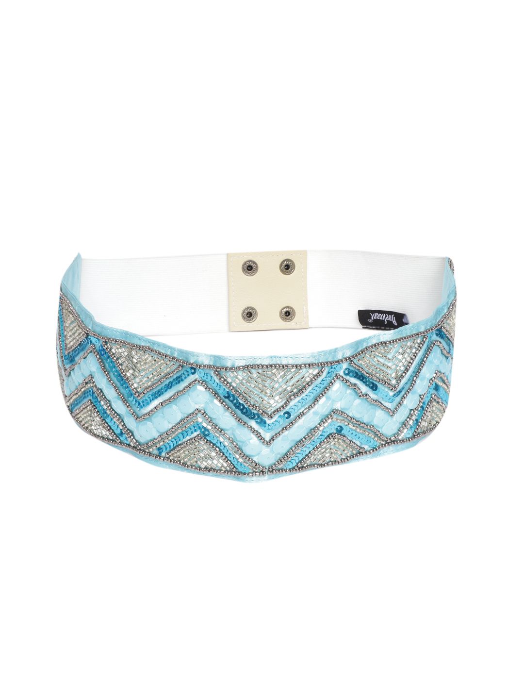 Anekaant Women Blue & Silver-Toned Beaded Satin Finish Stretchable Wide Belt Price in India