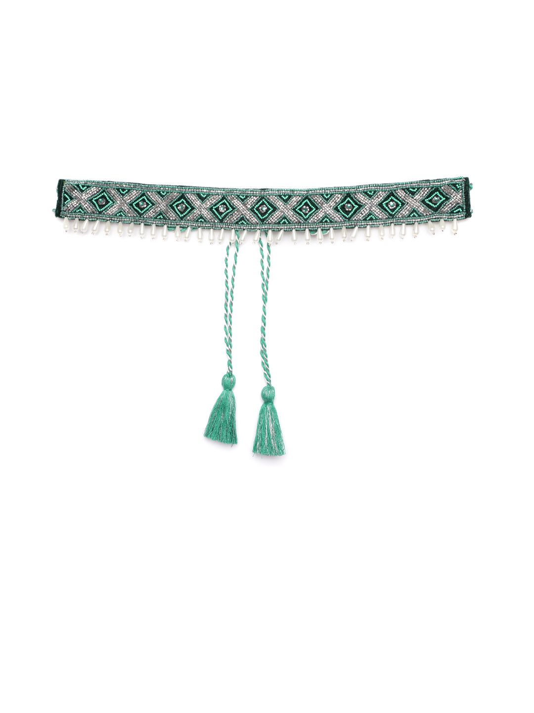 Anekaant Women Green & Silver-Toned Beaded Velvet Belt Price in India