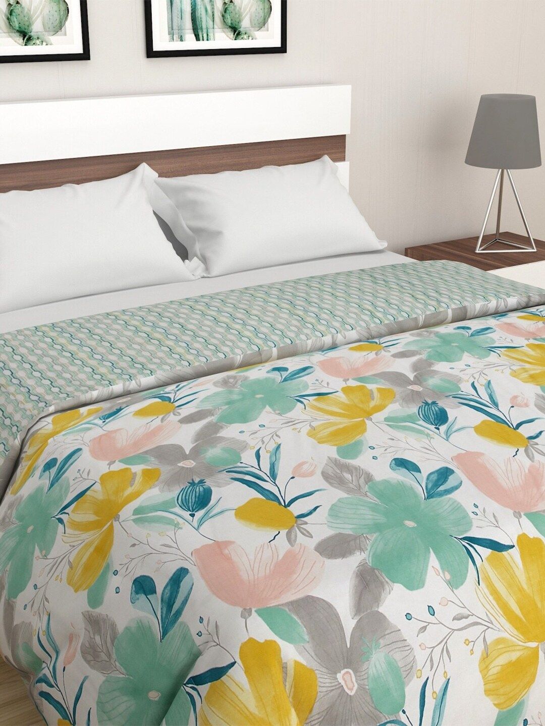 Home Centre White & Sea Green Floral AC Room 110 GSM Double Bed Blanket Price in India