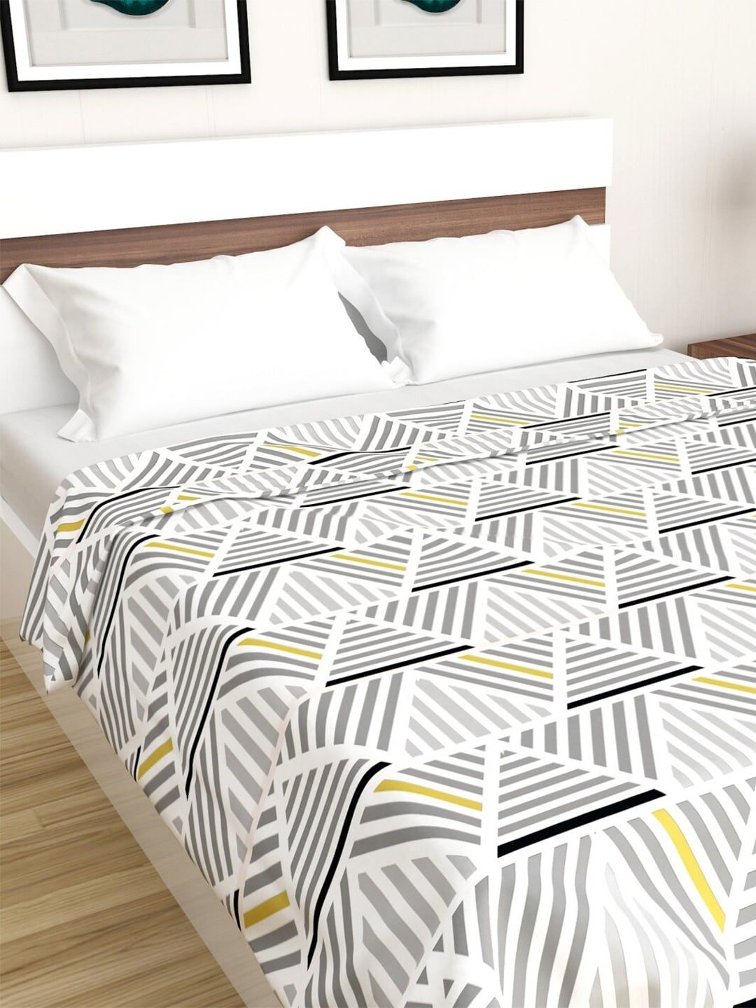 Home Centre White & Grey Geometric AC Room 210 GSM Double Bed Blanket Price in India