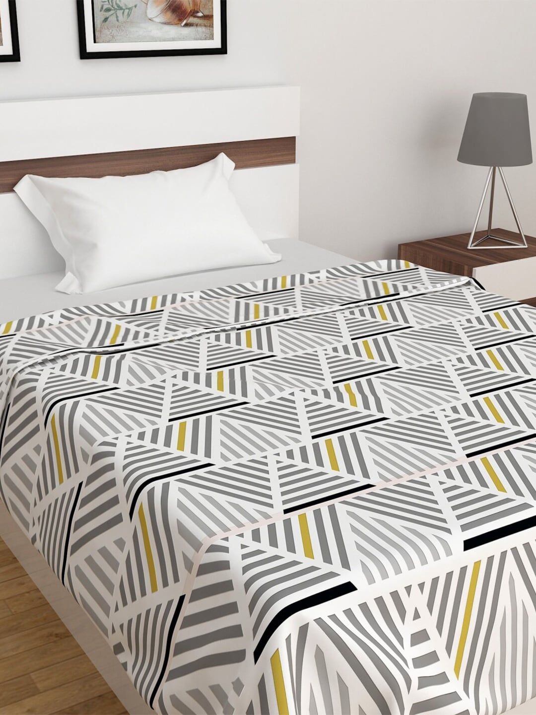 Home Centre White & Grey Geometric AC Room 210 GSM Single Bed Blanket Price in India