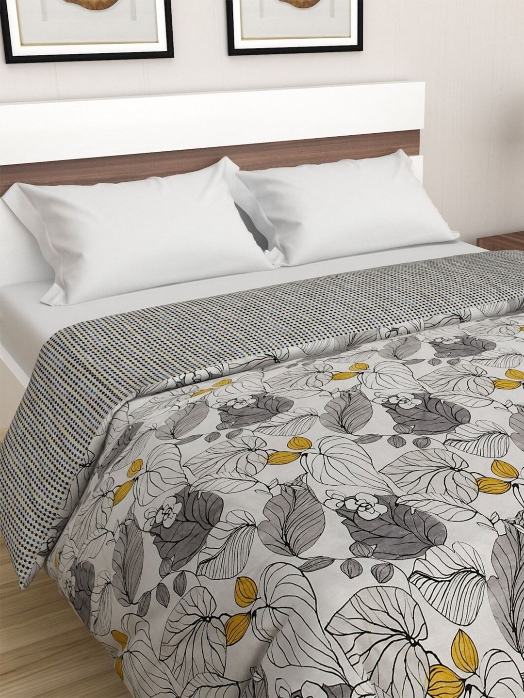 Home Centre White & Grey Floral AC Room 110 GSM Double Bed Blanket Price in India
