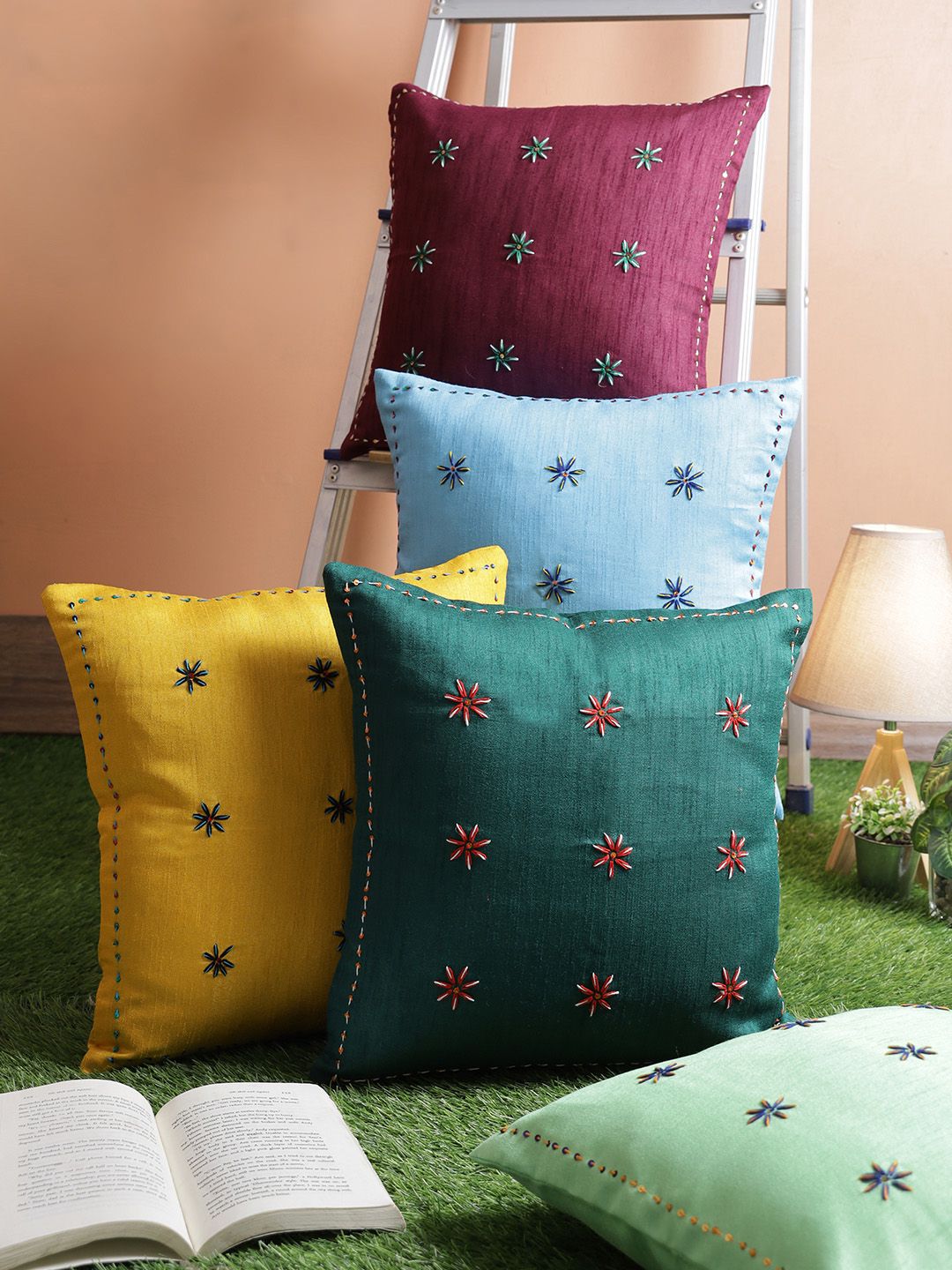 RANGDESI Blue & Yellow Set of 5 Embroidered Square Cushion Covers Price in India