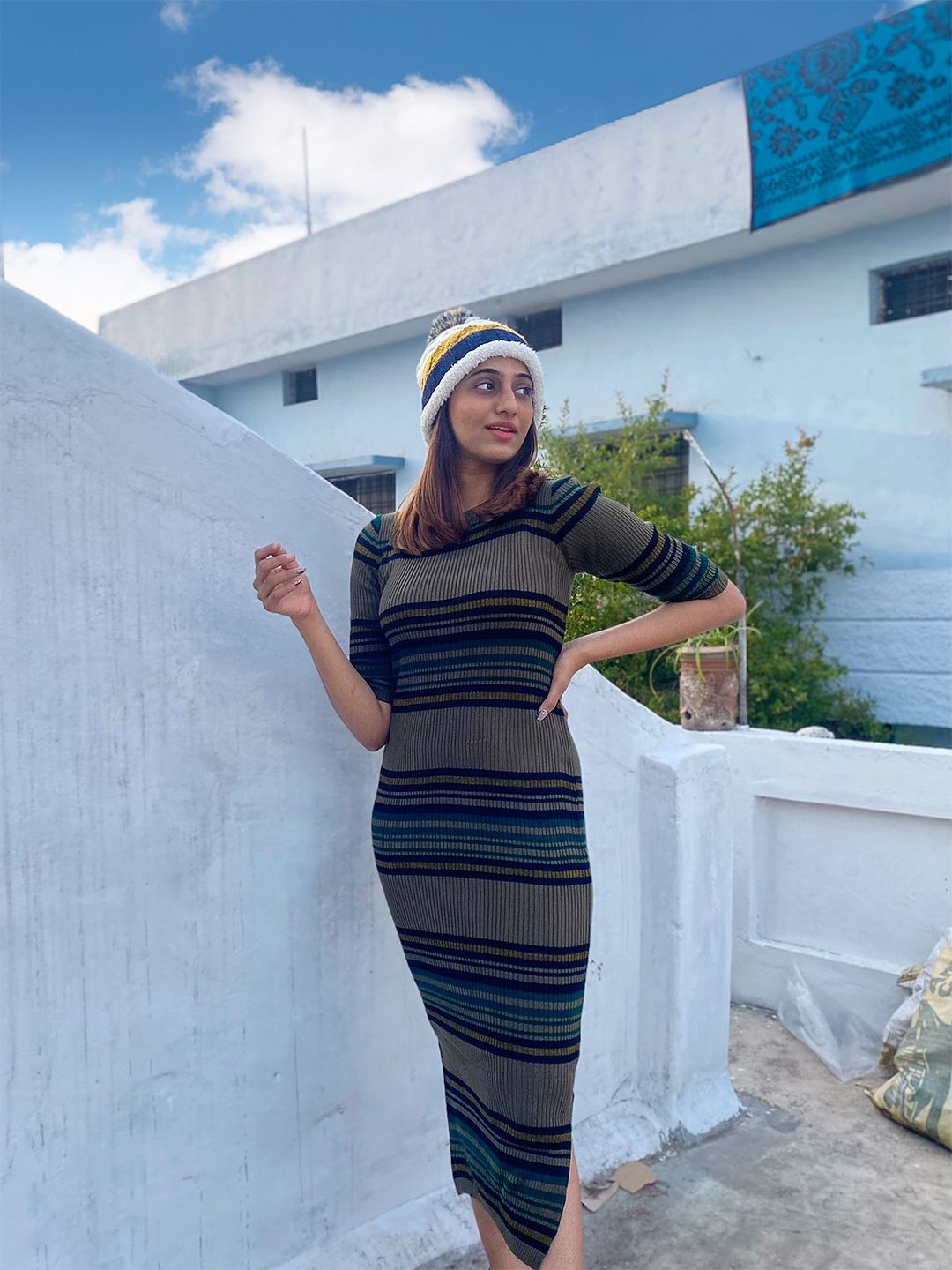 green emerald velvet dress Alayah Striped Midi Sweater Dress main image 1
