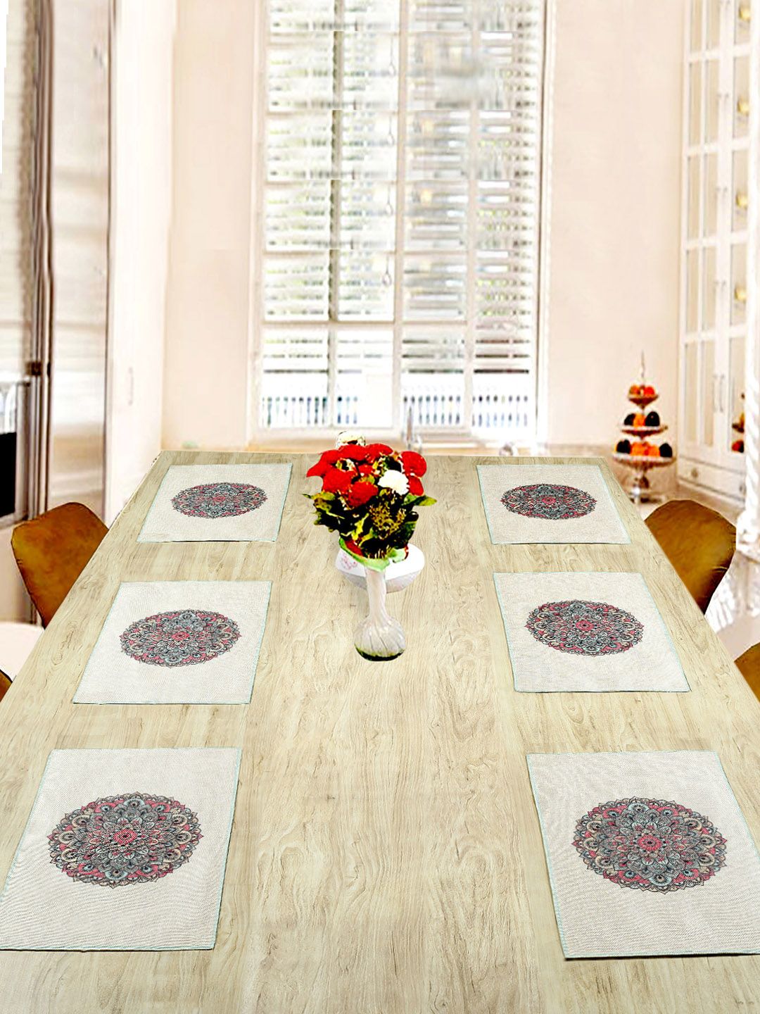 BELLA TRUE Set of 6 Off-White & Orange Digital Printed Table Placemats Price in India
