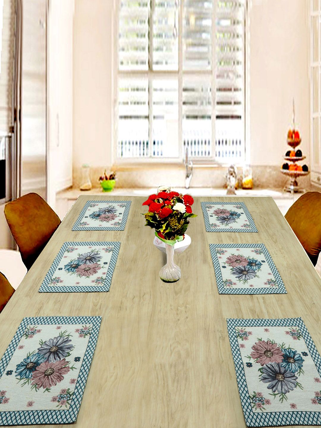 BELLA TRUE Set Of 6 White & Green Digital Floral Printed Table Placemats Price in India