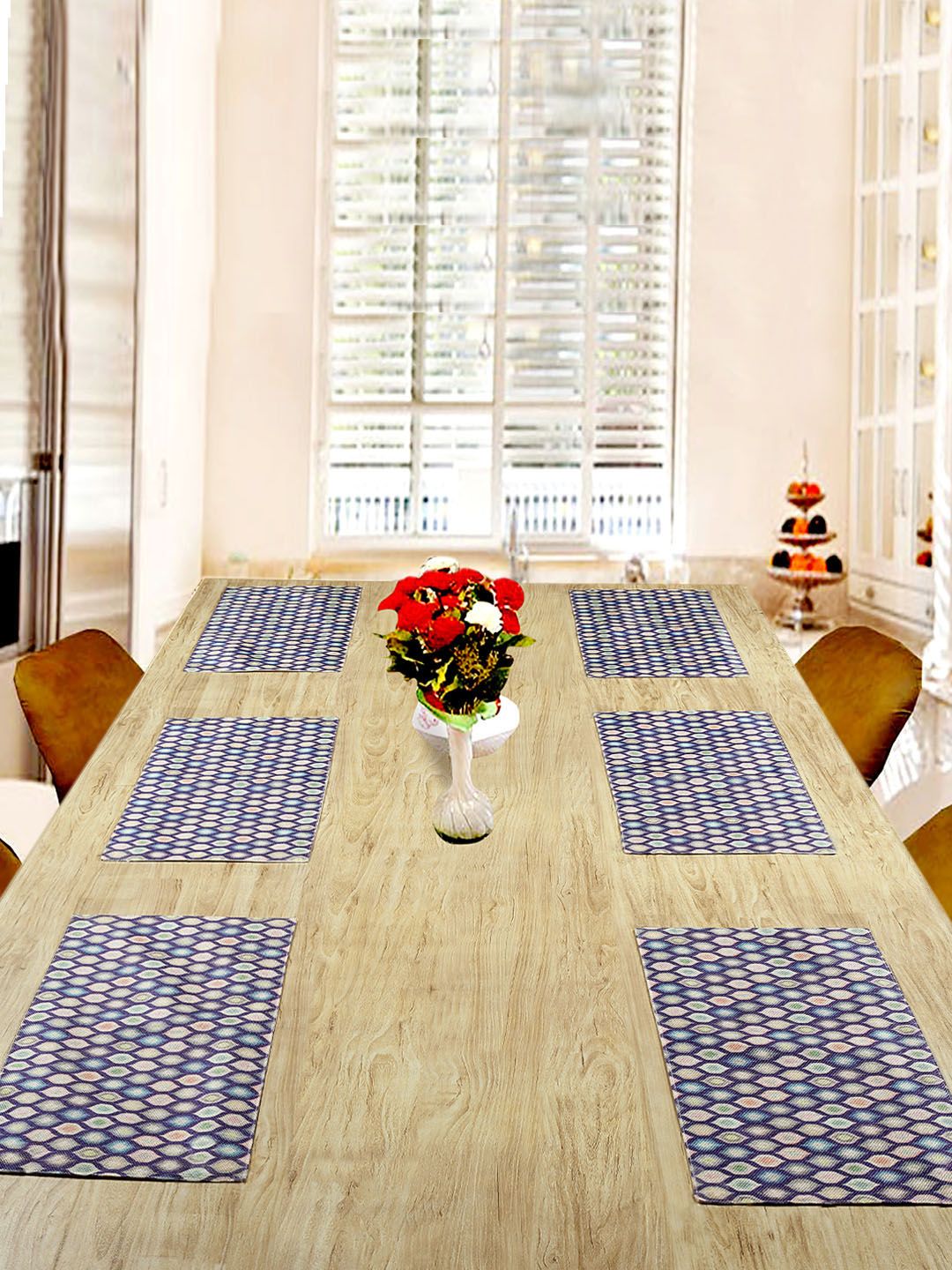 BELLA TRUE Set Of 6 White & Blue Digital Printed Rectangular Table Placemats Price in India