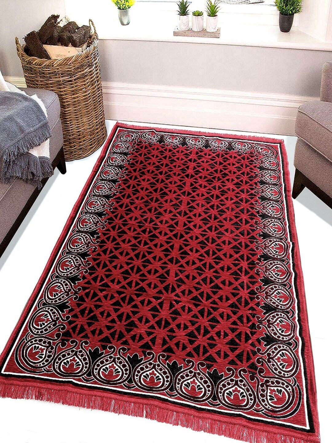BELLA TRUE Maroon & Black Printed Traditional Carpet Price in India