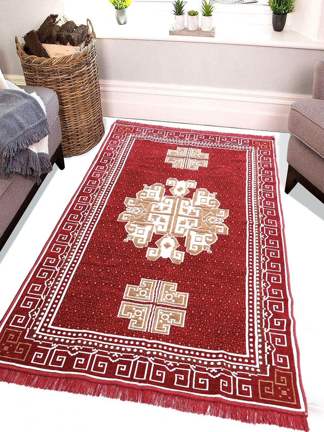BELLA TRUE Red & White Printed Rectangular Carpet Price in India