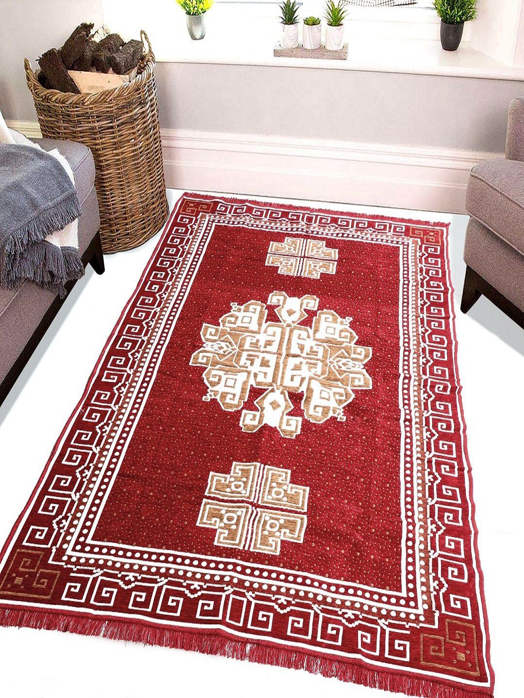 BELLA TRUE Maroon & White Printed Rectangle Floor Carpet Price in India