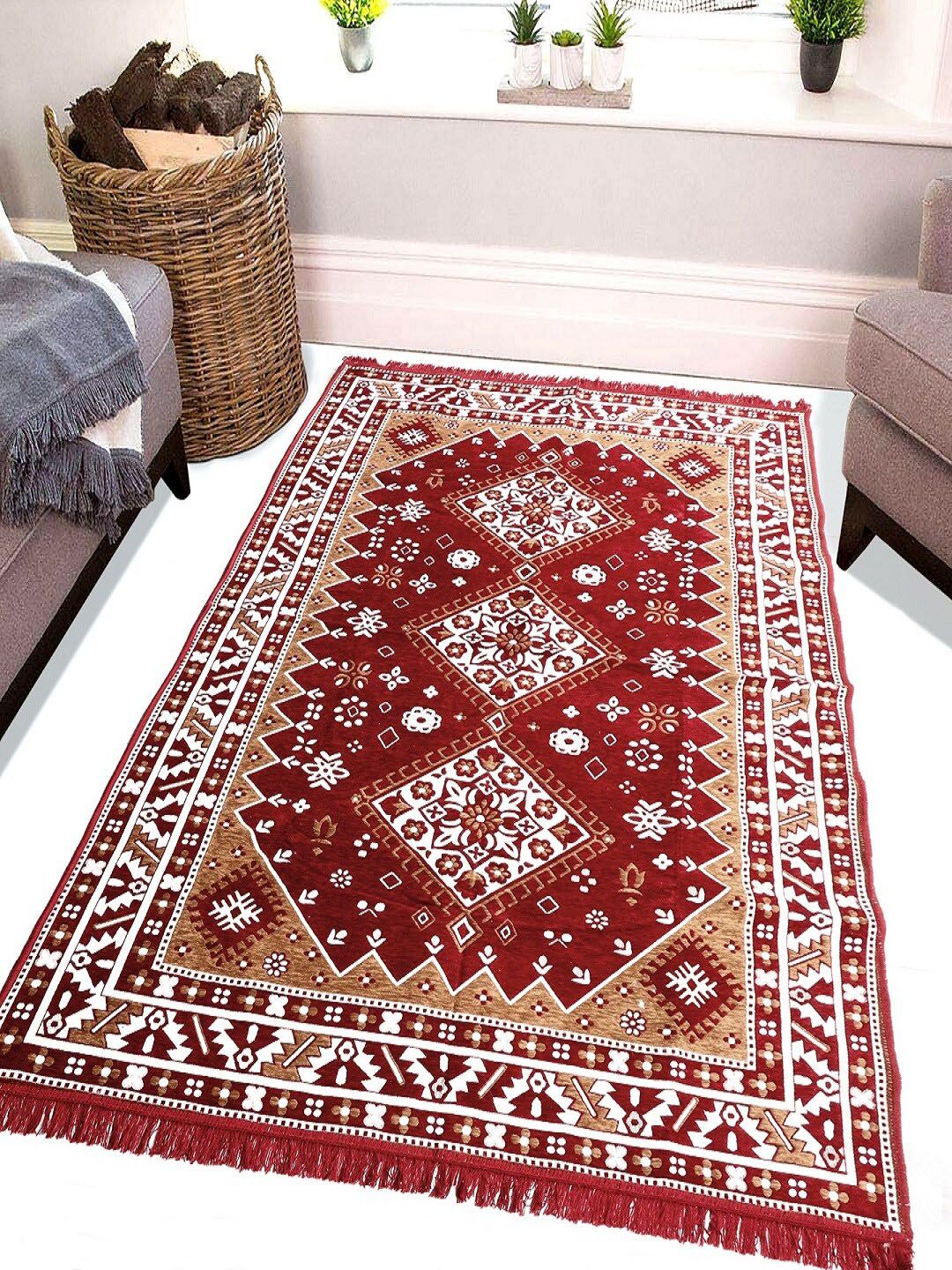 BELLA TRUE Maroon & Brown Traditional Printed Chenille Carpet Price in India