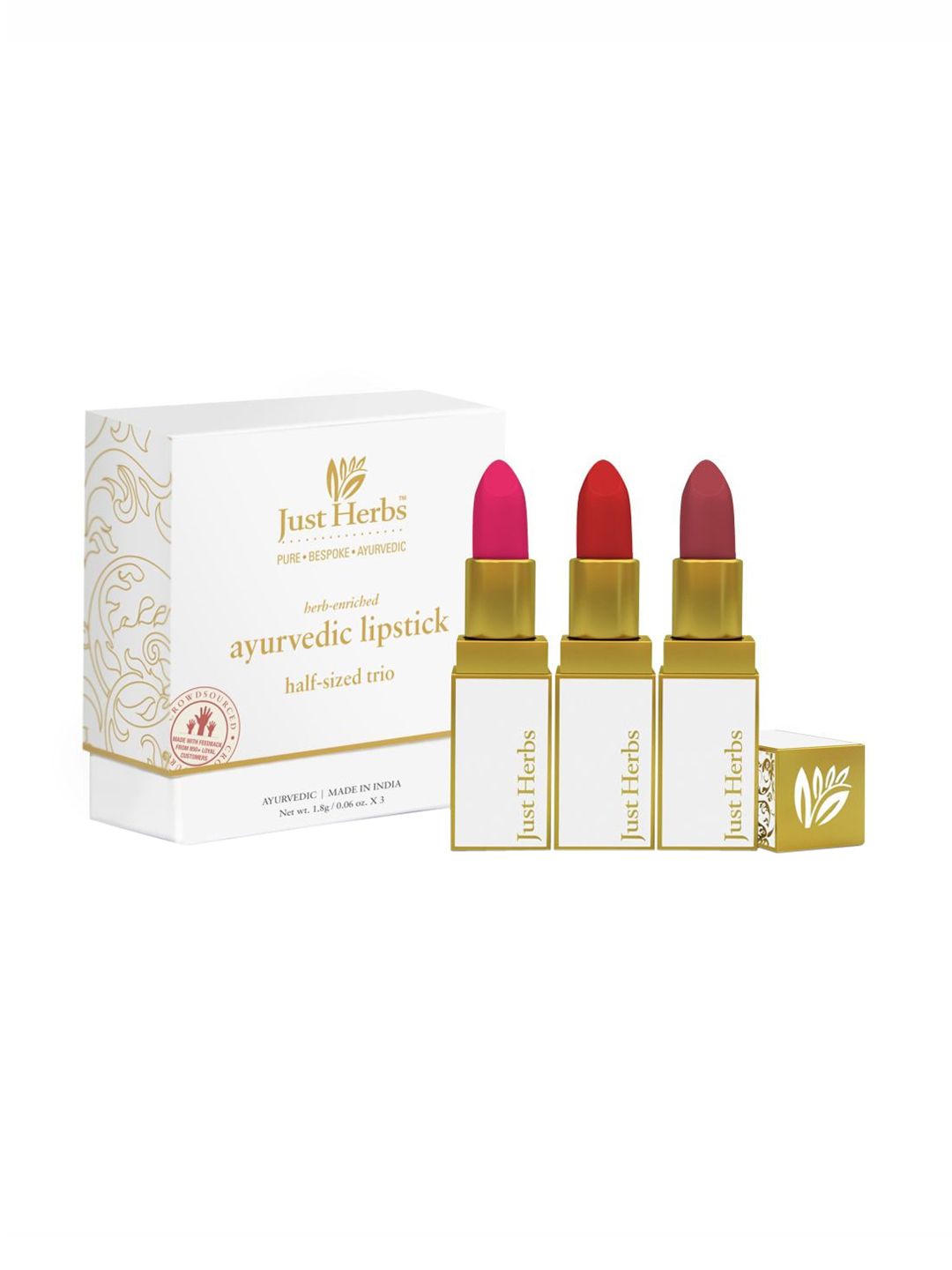 Just Herbs Women Set of 3 Ayurvedic Half-Size Lipstick Kit - Pink, Deep Red & Rose Brown Price in India