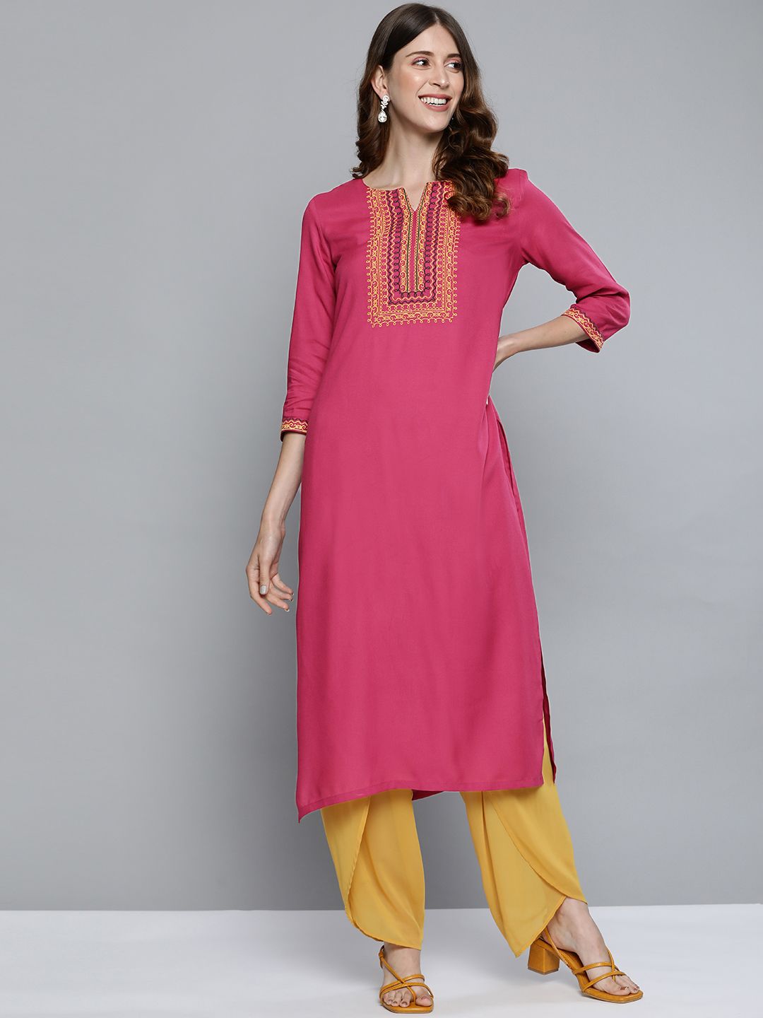 HERE&NOW Women Magenta & Mustard Yellow Ethnic Motifs Yoke Design Kurta