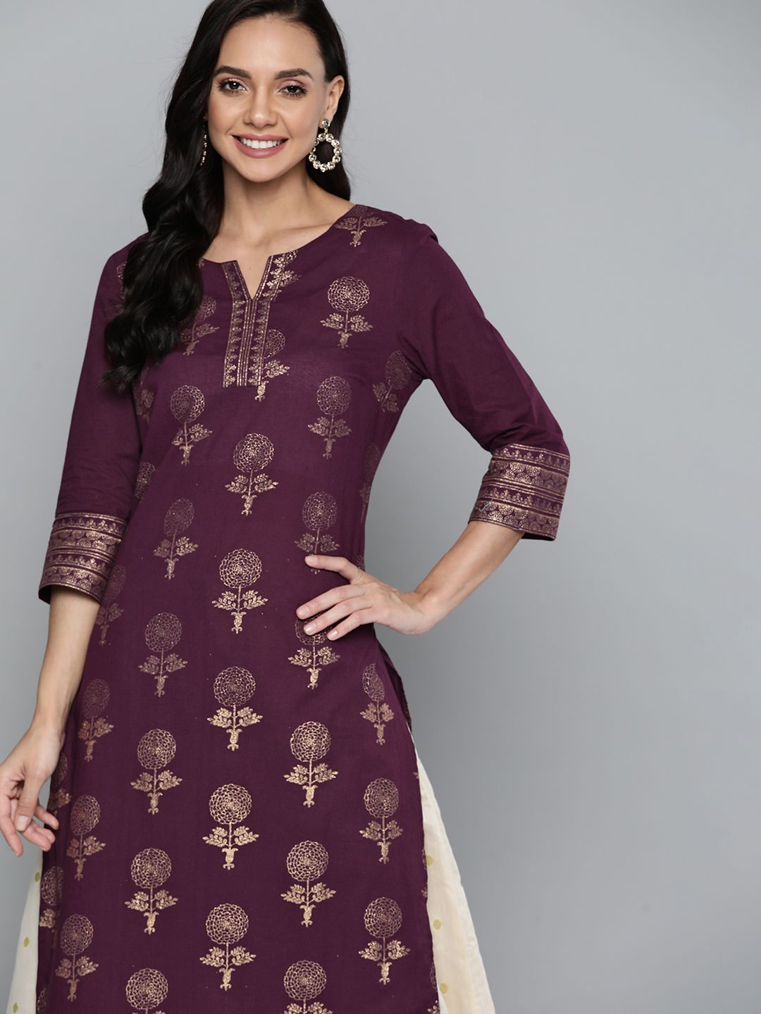 HERE&NOW Women Burgundy & Golden Ethnic Motifs Print Cotton Straight Kurta