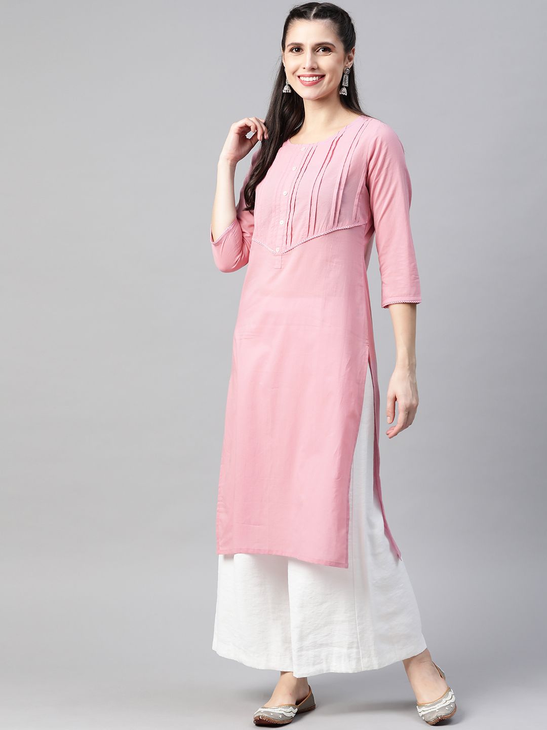 HERE&NOW Women Pink Geometric Yoke Design Pure Cotton Straight Kurta Price in India