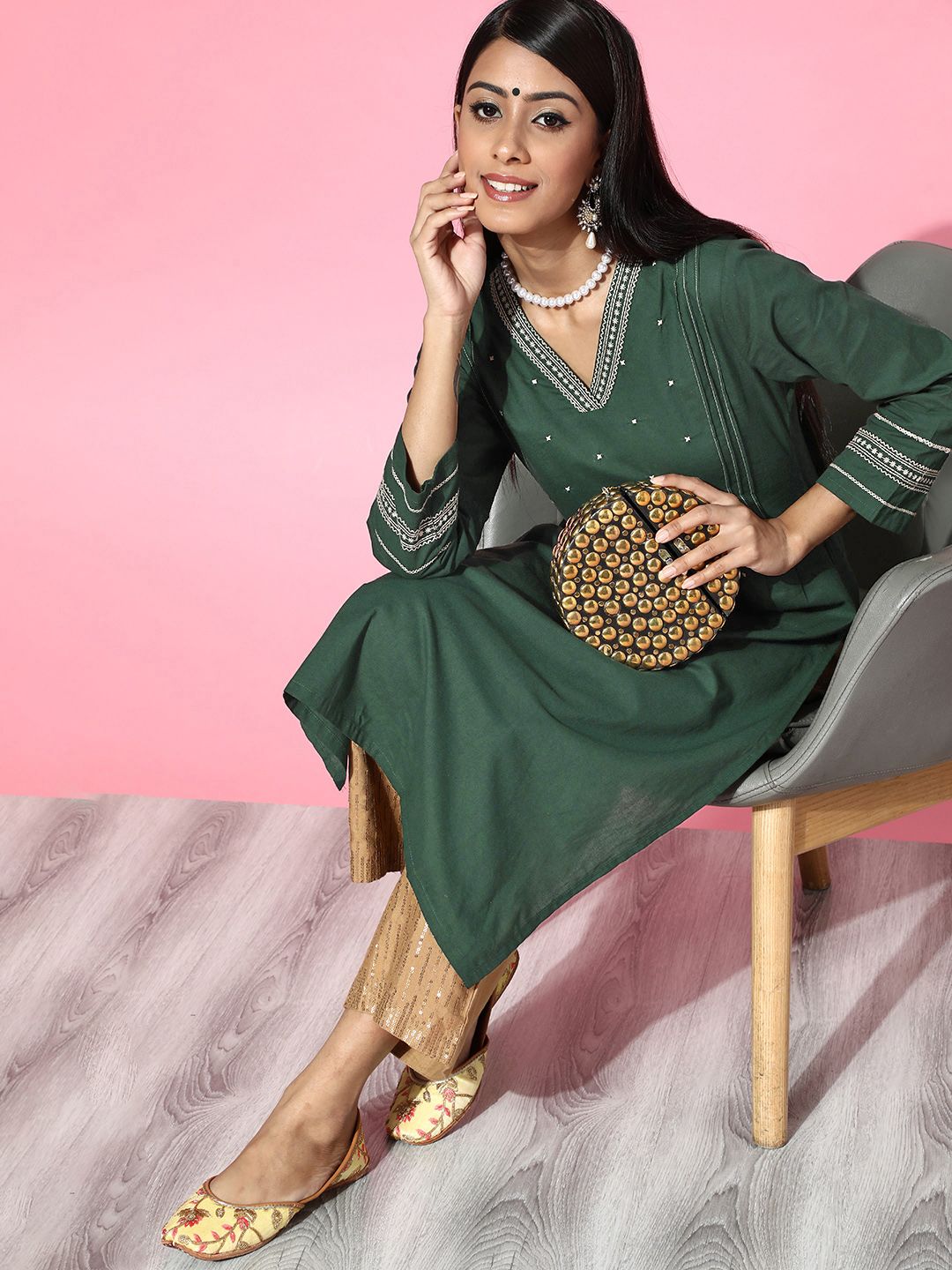 Moda Rapido Women Green Ethnic Motifs Embroidered Pure Cotton Kurta Price in India