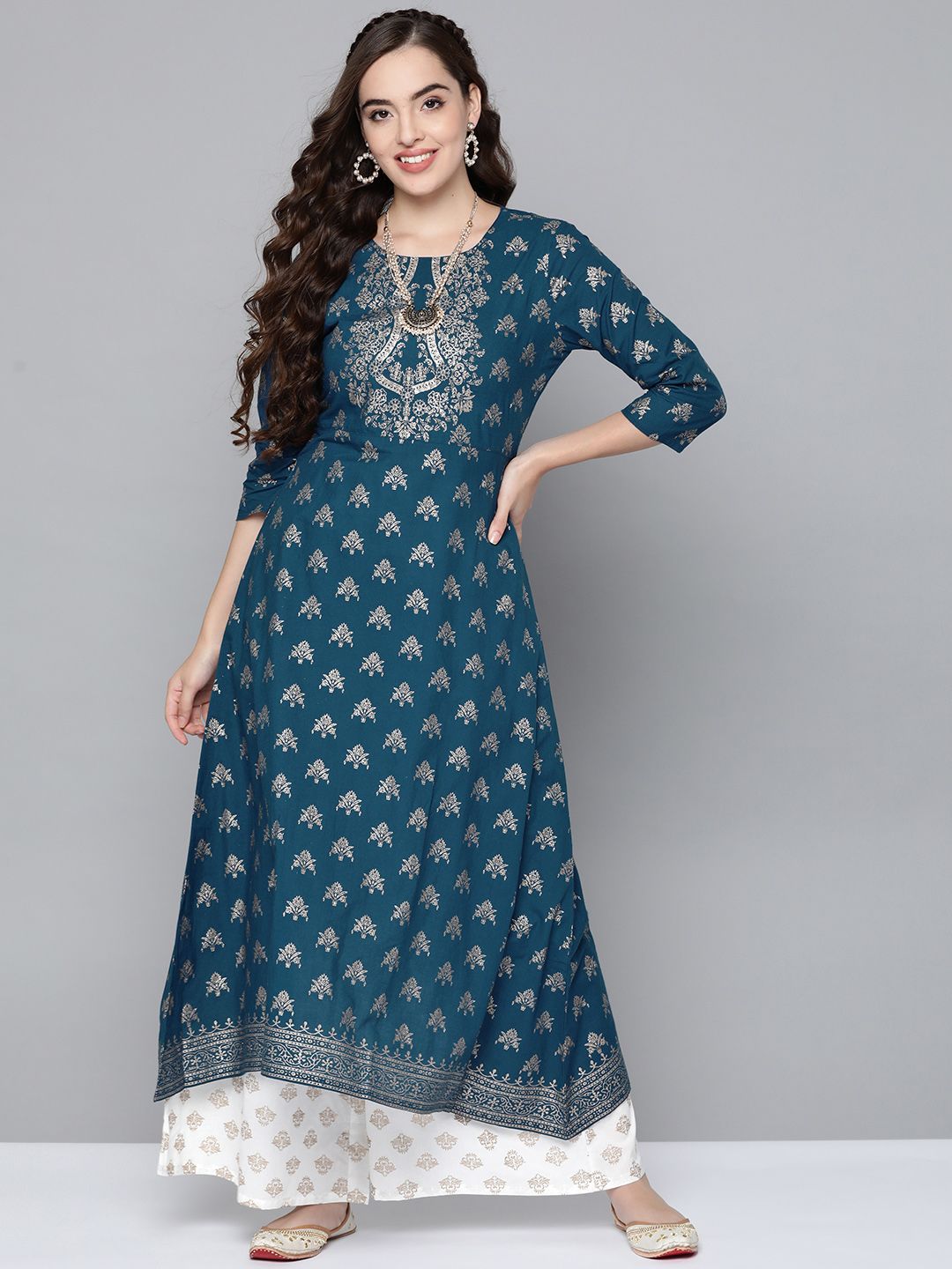 HERE&NOW Women Teal Blue & Golden Printed Pure Cotton Kurta with Palazzos Price in India