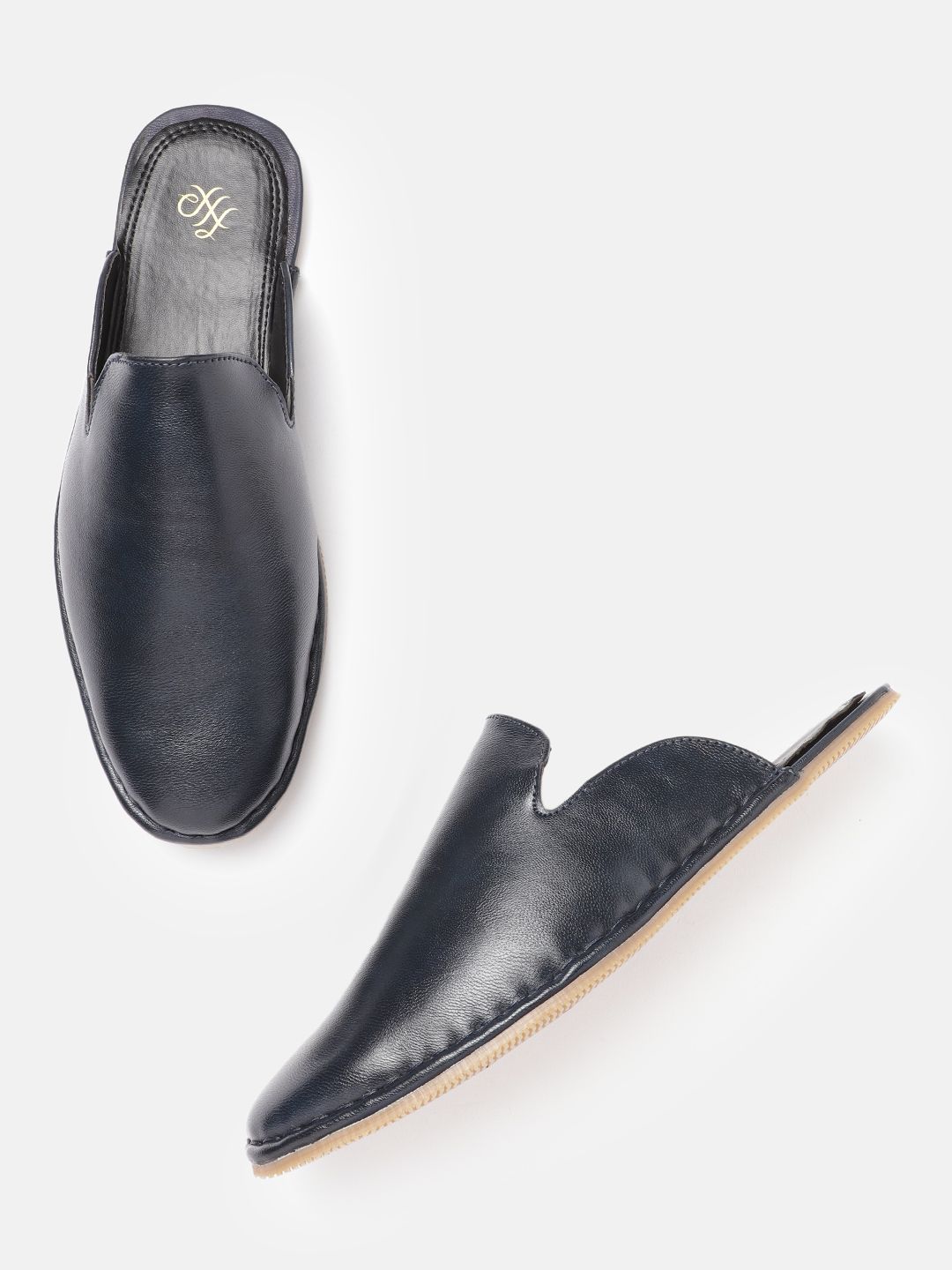 House of Pataudi Men Navy Blue Leather Handcrafted Mules