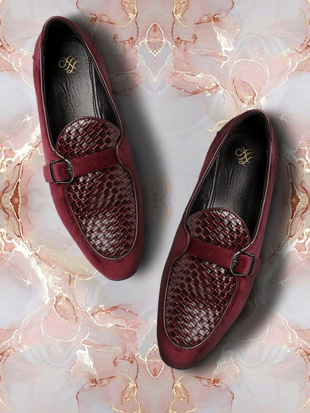 House of Pataudi Men Burgundy & Brown Basketweave Textured Handcrafted Leather Loafers