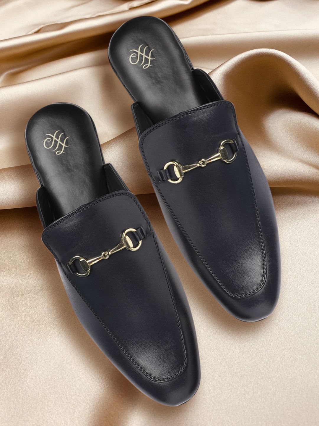 House of Pataudi Men Navy Blue Handcrafted Leather Mules