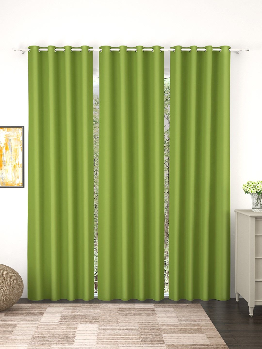 Story@Home Faux Silk Solid 300GSM Green Room Darkening Blackout Door Curtain - Set of 3 Price in India