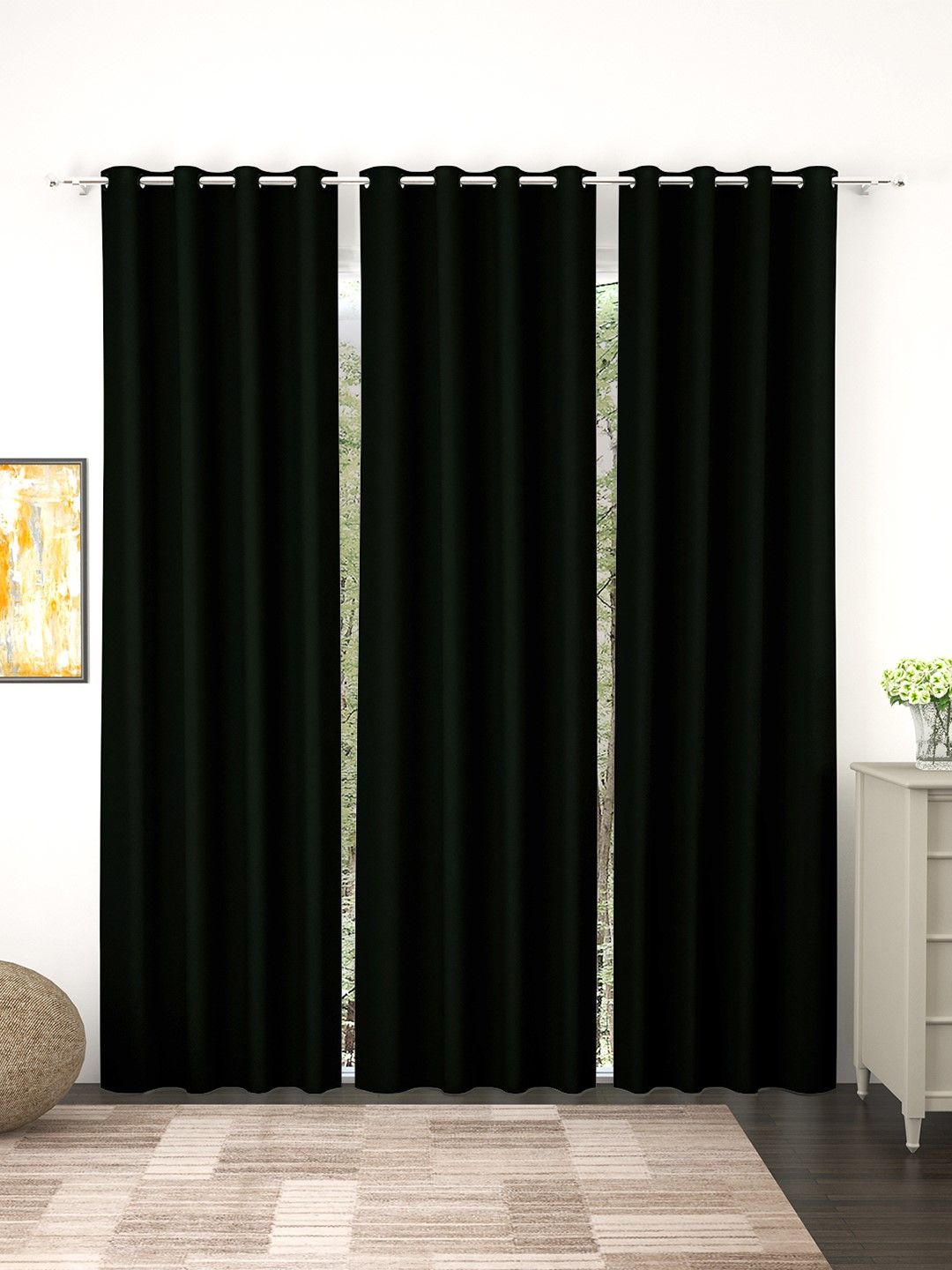 Story@Home Faux Silk Solid Solid 300GSM Black Room Darkening Blackout Long Door Curtain - Set Of 3 Price in India
