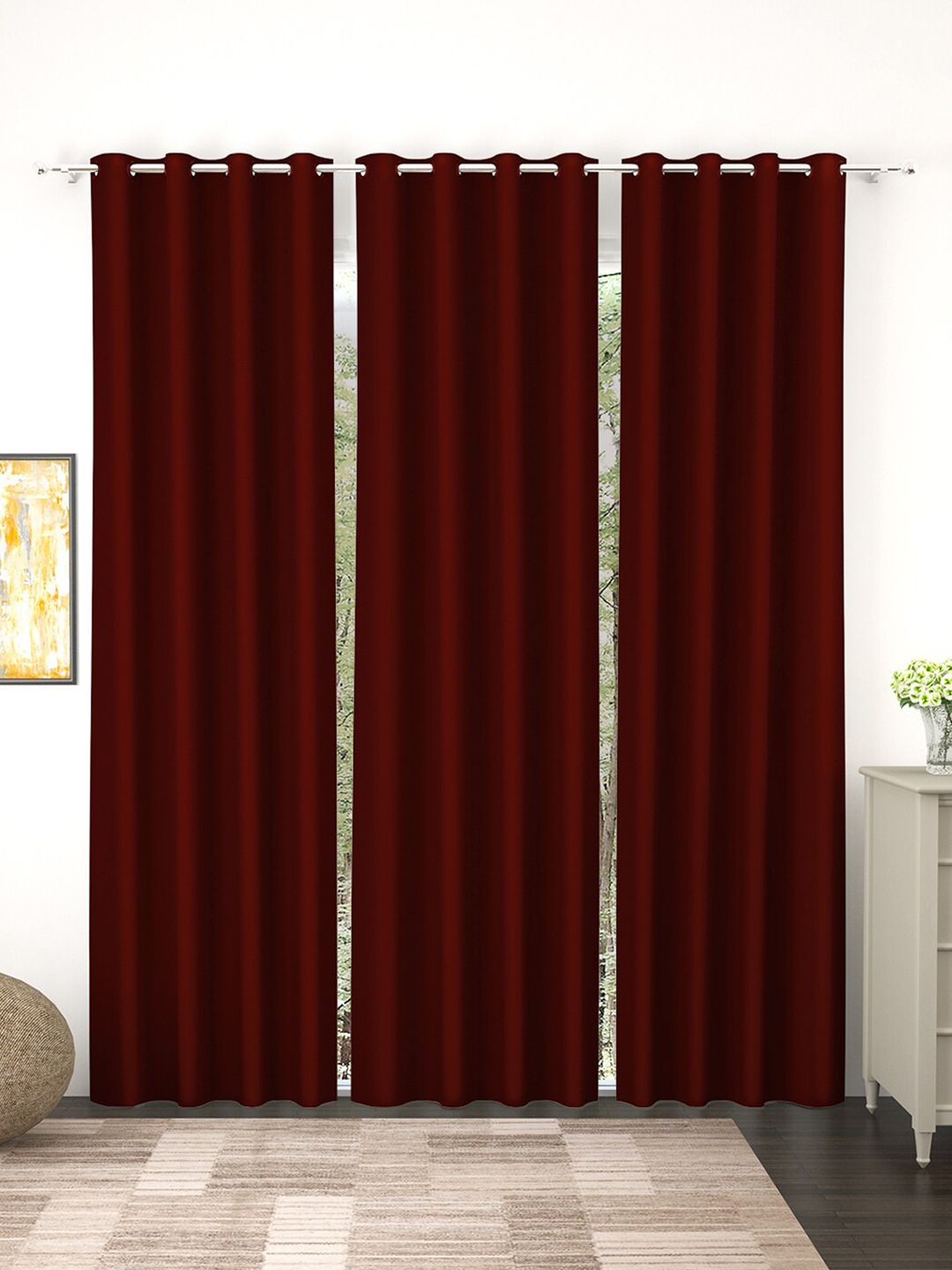 Story@Home Faux Silk Solid 300GSM Maroon Room Darkening Blackout Door Curtain - Set of 3 Price in India