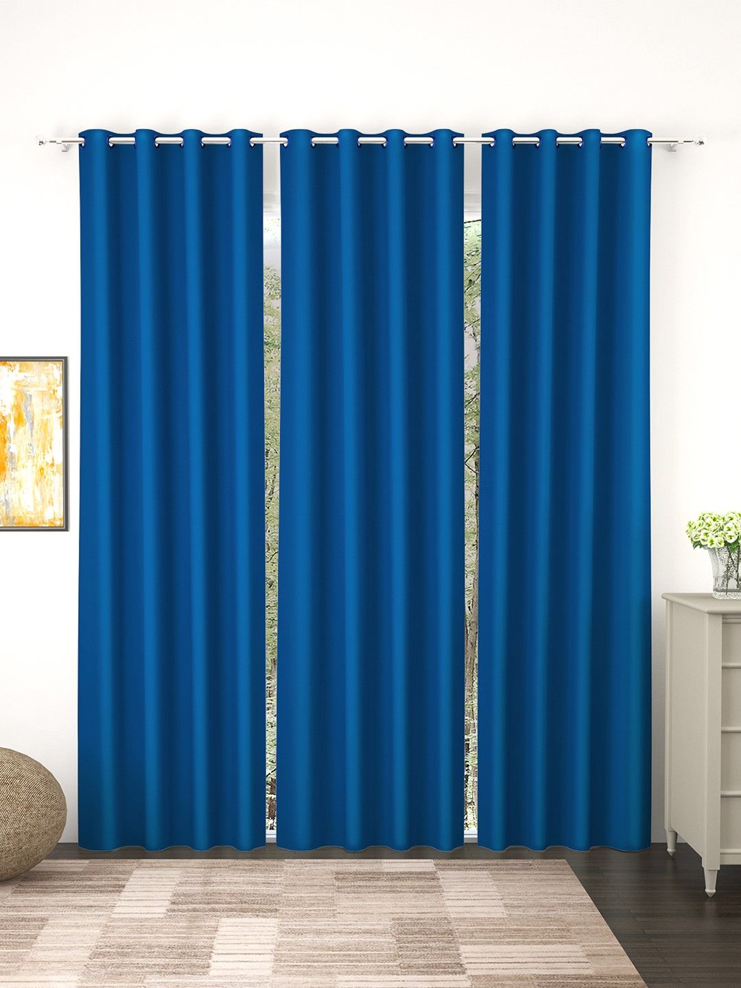 Story@Home Faux Silk Solid Solid 300GSM Blue Room Darkening Blackout Long Door Curtain - Set Of 3 Price in India