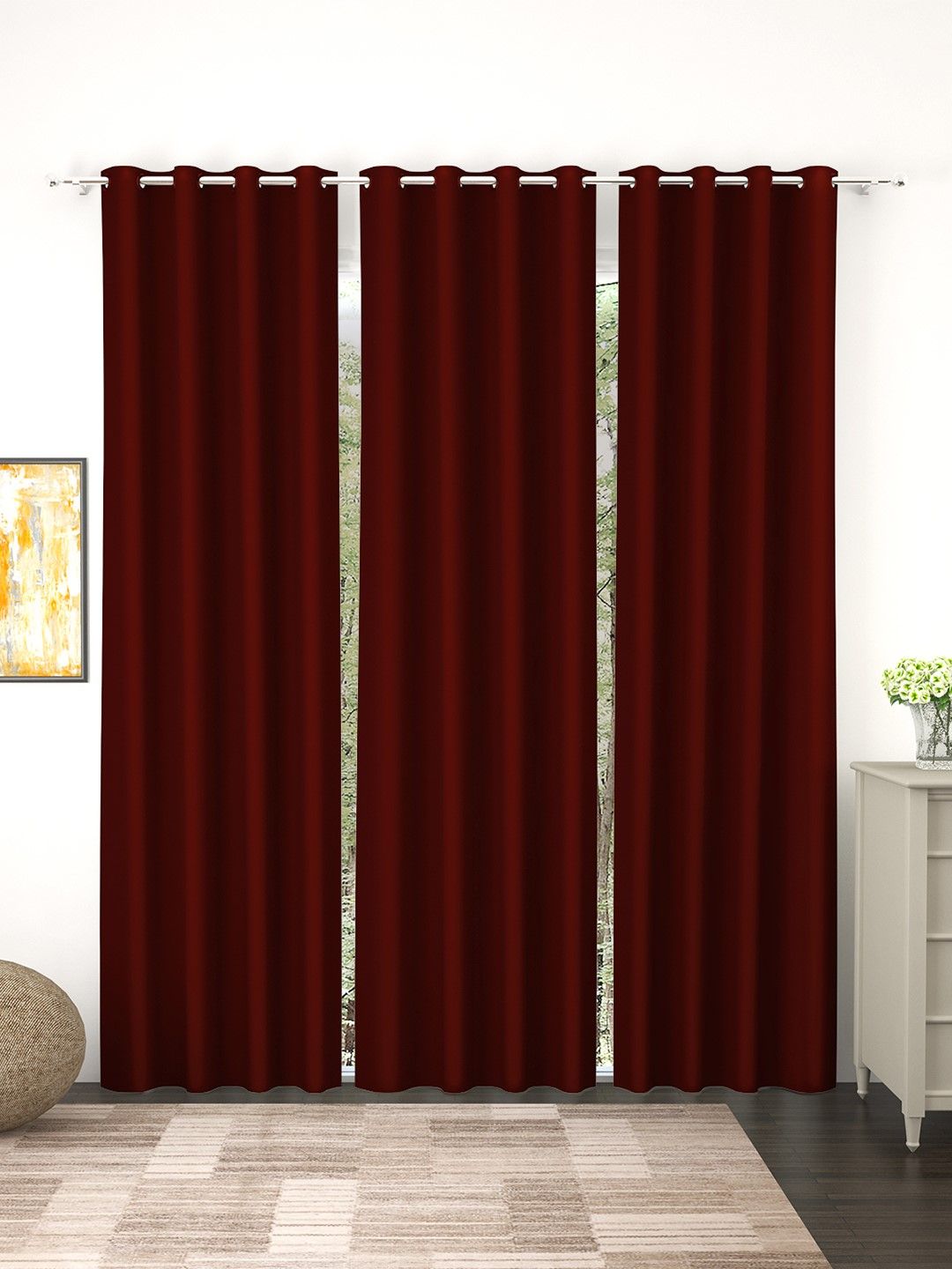 Story@Home Faux Silk Solid Solid 300GSM Maroon Room Darkening Blackout Long Door Curtain - Set Of 3 Price in India
