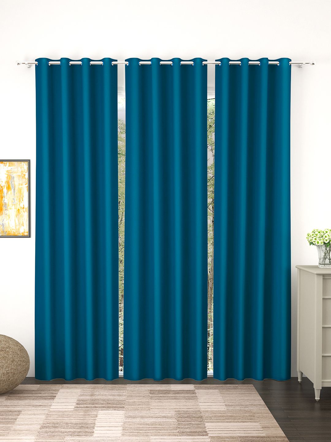 Story@Home Faux Silk Solid 300GSM Navy Blue Room Darkening Blackout Door Curtain - Set of 3 Price in India