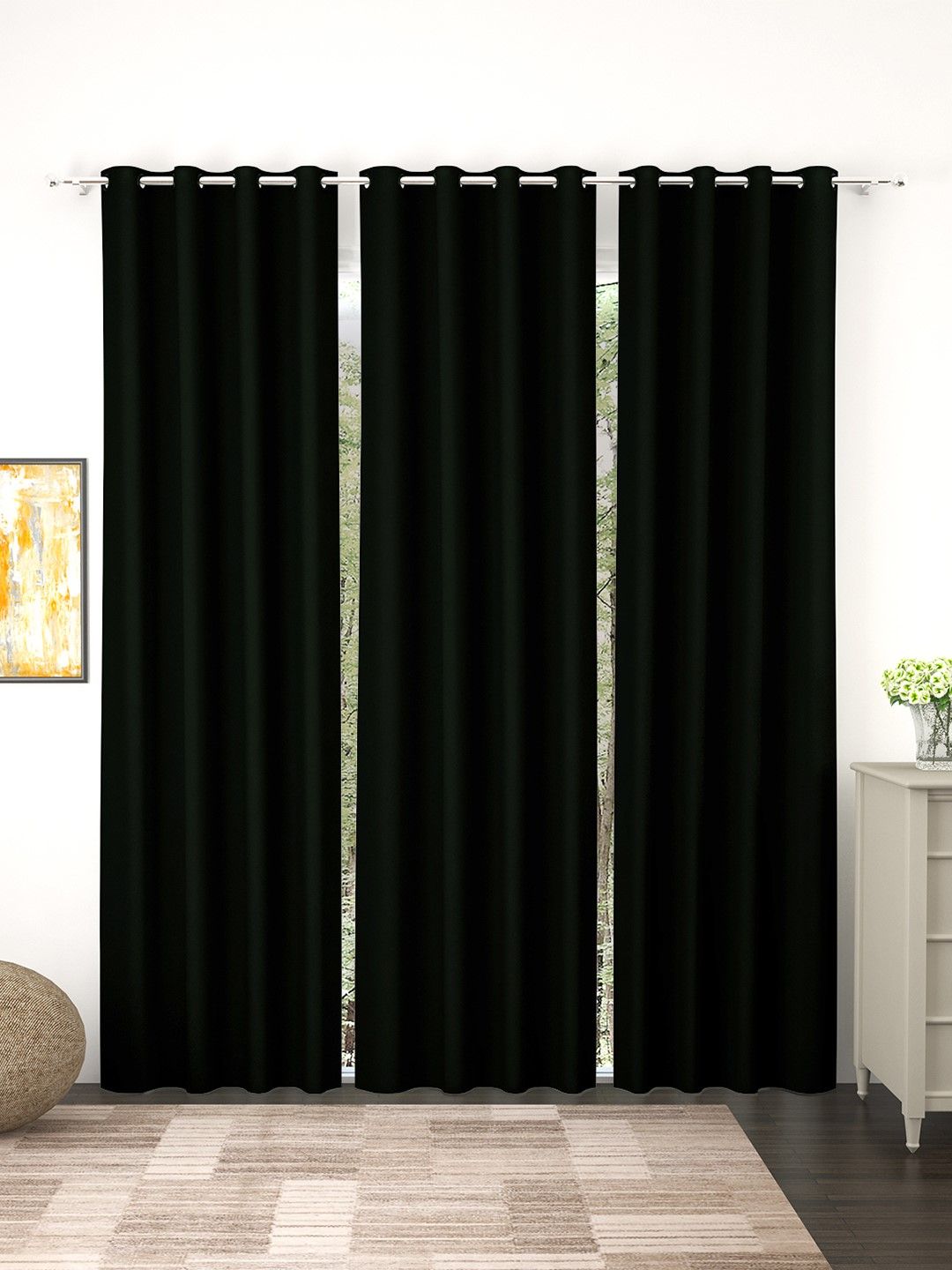 Story@Home Faux Silk Solid 300GSM Black Room Darkening Blackout Door Curtain - Set of 3 Price in India