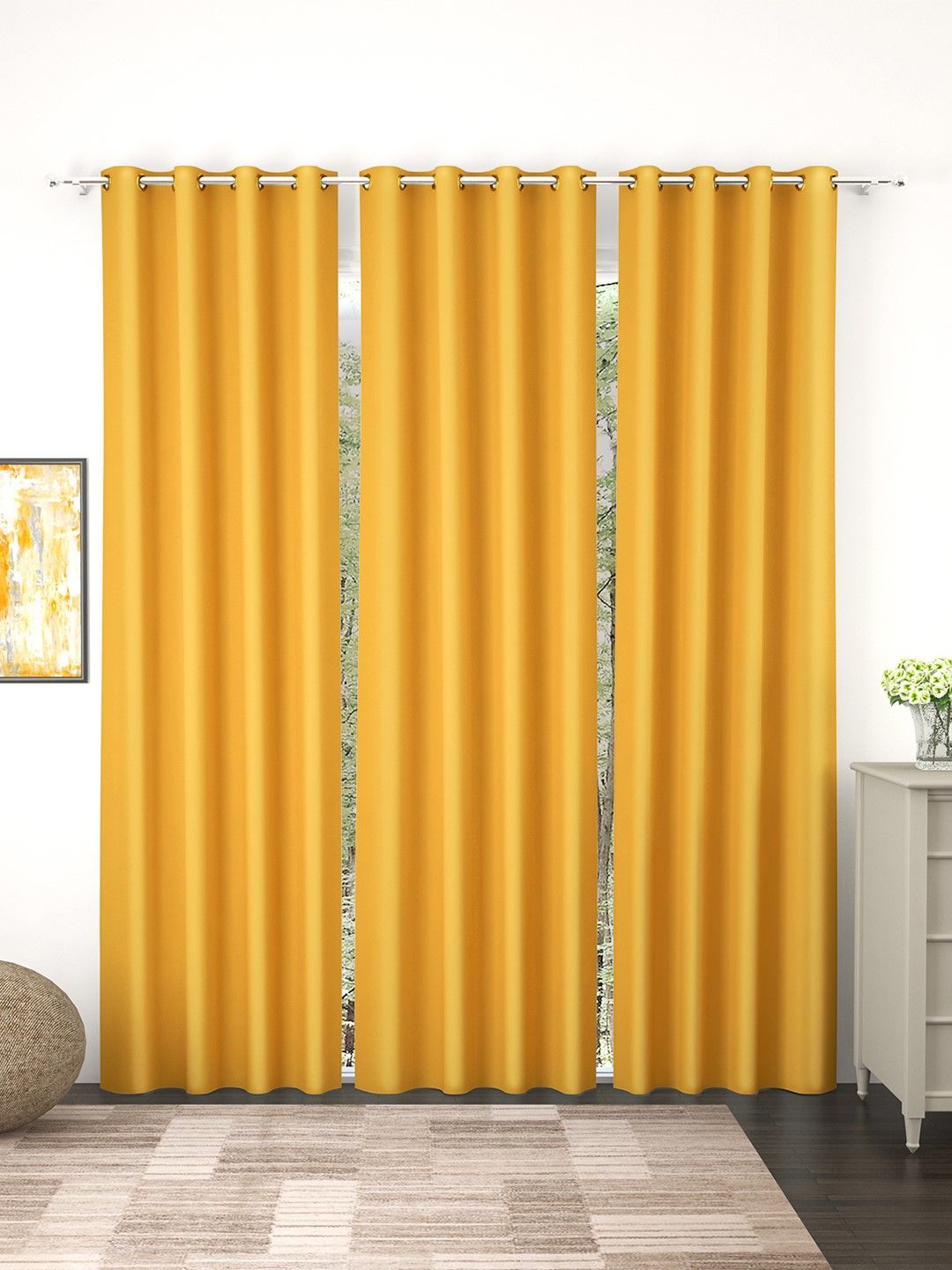 Story@Home Faux Silk Solid 300GSM Mustard Room Darkening Blackout Door Curtain - Set of 3 Price in India
