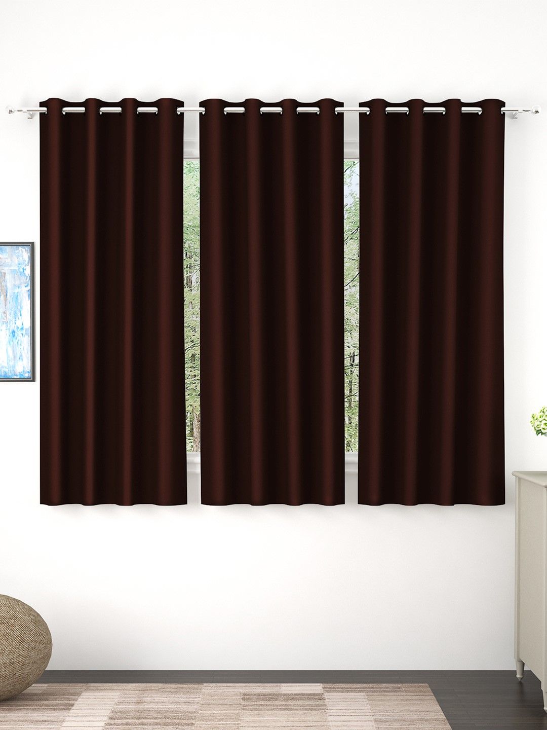 Story@Home Faux Silk Solid Solid 300GSM Dark Brown Room Darkening Blackout Window Curtain - Set Of 3 Price in India