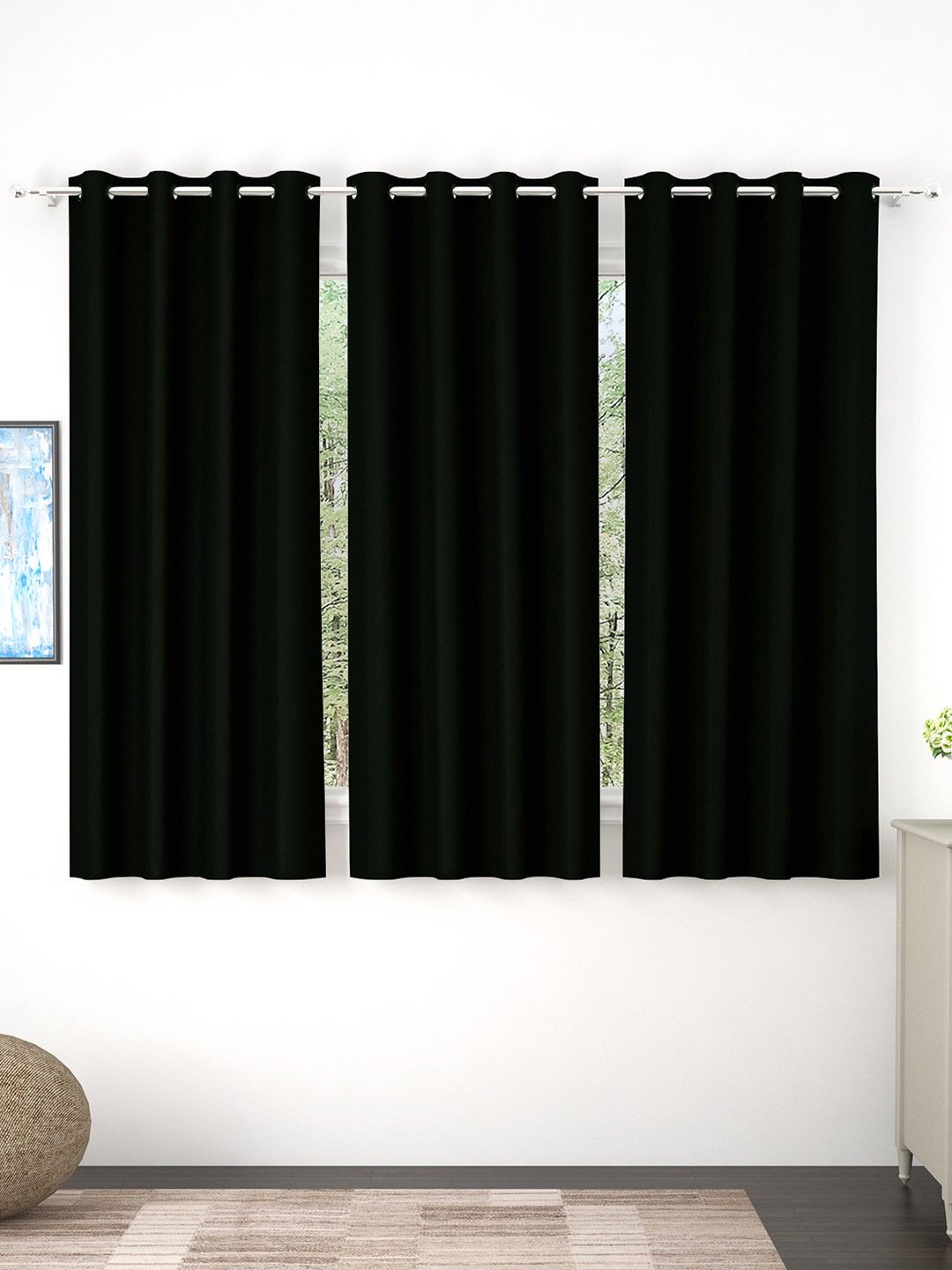 Story@Home Faux Silk Solid Solid 300GSM Black Room Darkening Blackout Window Curtain - Set Of 3 Price in India