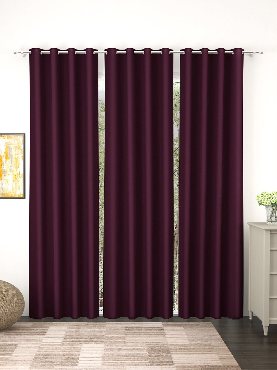 Story@Home Faux Silk Solid Solid 300GSM Purple Room Darkening Blackout Long Door Curtain - Set Of 3 Price in India