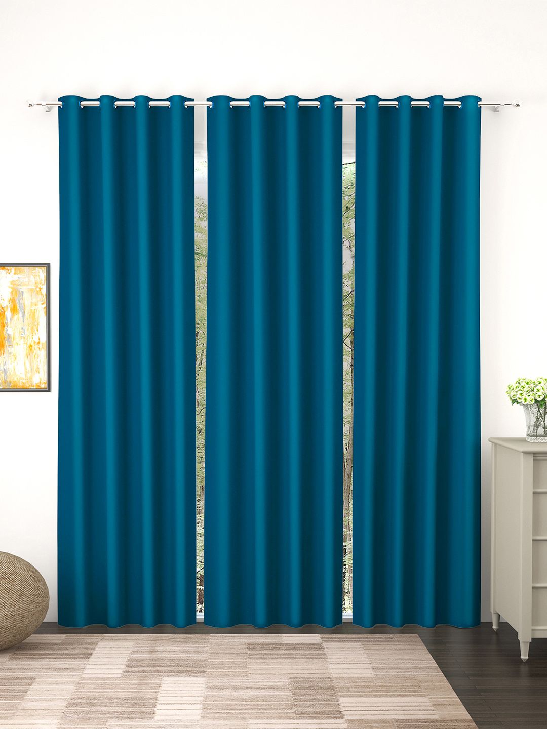 Story@Home Faux Silk Solid Solid 300GSM Navy Blue Room Darkening Blackout Long Door Curtain - Set Of 3 Price in India