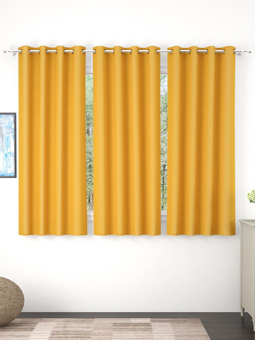 Story@Home Faux Silk Solid Solid 300GSM Mustard Room Darkening Blackout Window Curtain - Set Of 3 Price in India