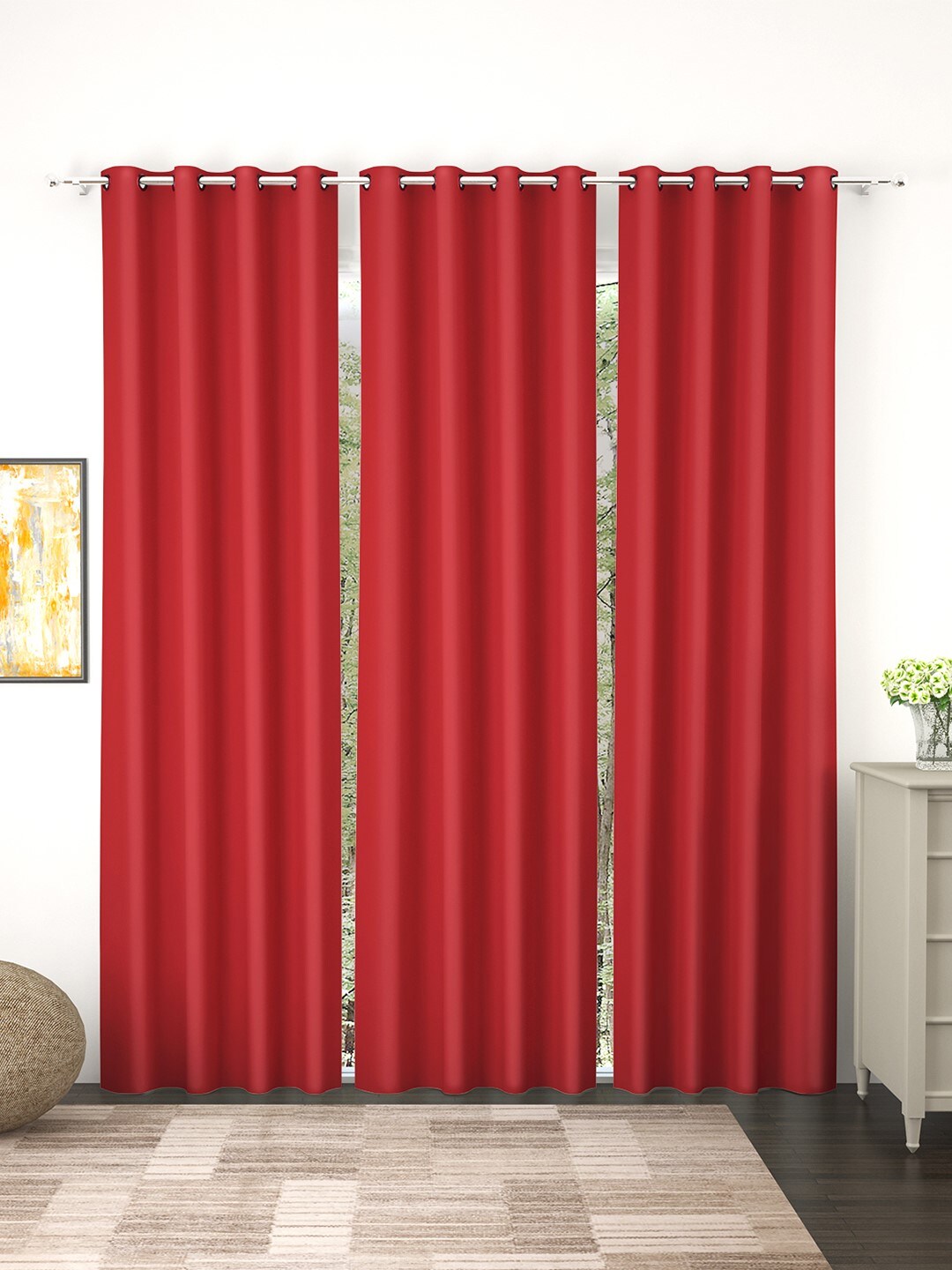 Story@Home Faux Silk Solid Solid 300GSM Red Room Darkening Blackout Long Door Curtain - Set Of 3 Price in India